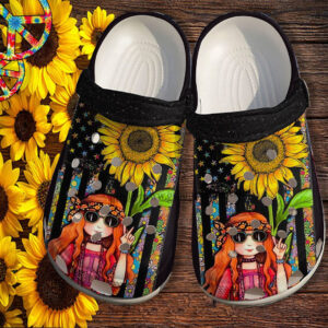 Footwearmerch Hippie Daughter Gifts Sunflower Hippie Girl Croc Shoes Customize - America Flag Hippie Sunflower Shoes Croc Clogs