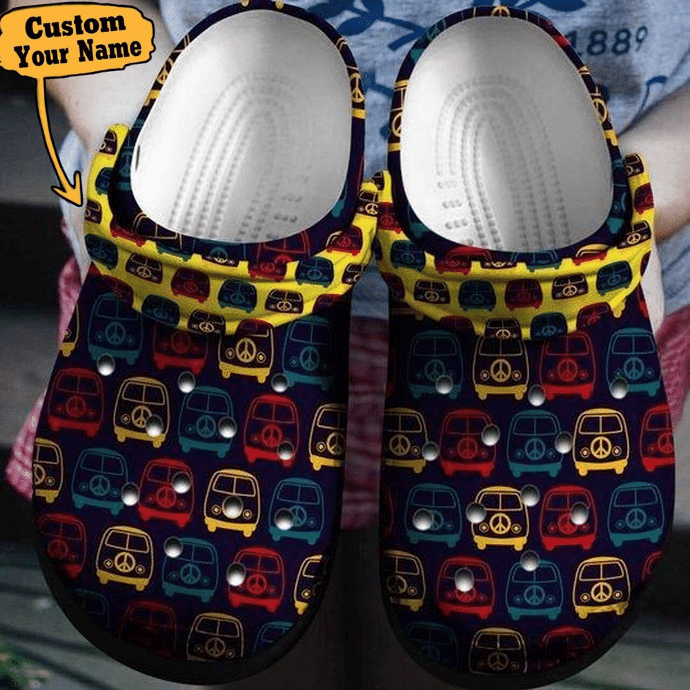 Footwearmerch Hippie - Hippie Vintage Mini Van Personalized Clog Shoes For Men And Women