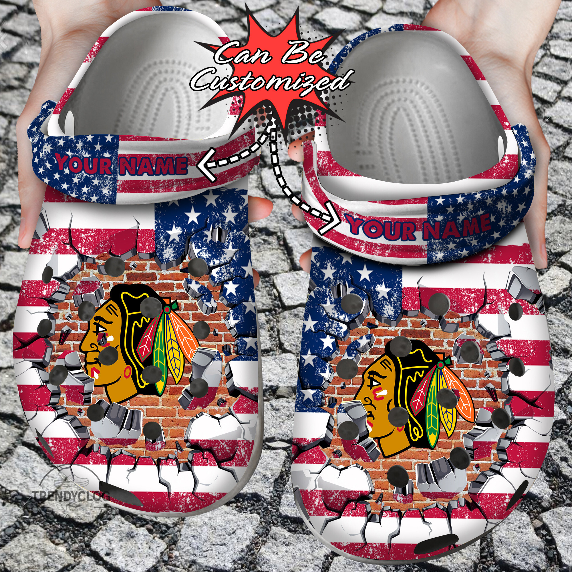 Footwearmerch Hockey Personalized CBlackhawks American Flag Breaking Wall Clog Shoes