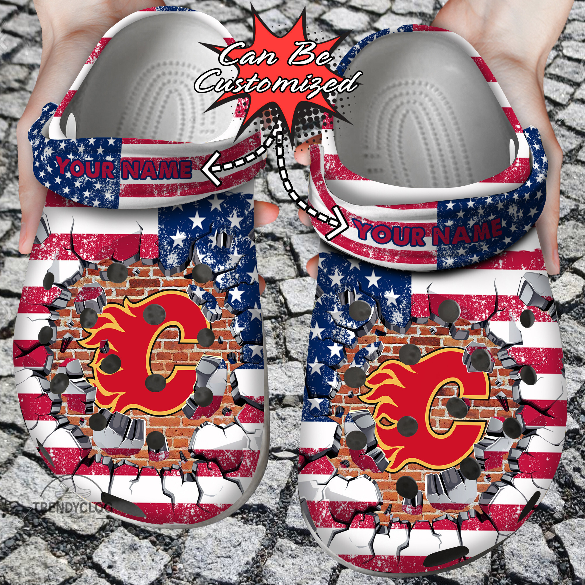 Footwearmerch Hockey Personalized CFlames American Flag Breaking Wall Clog Shoes