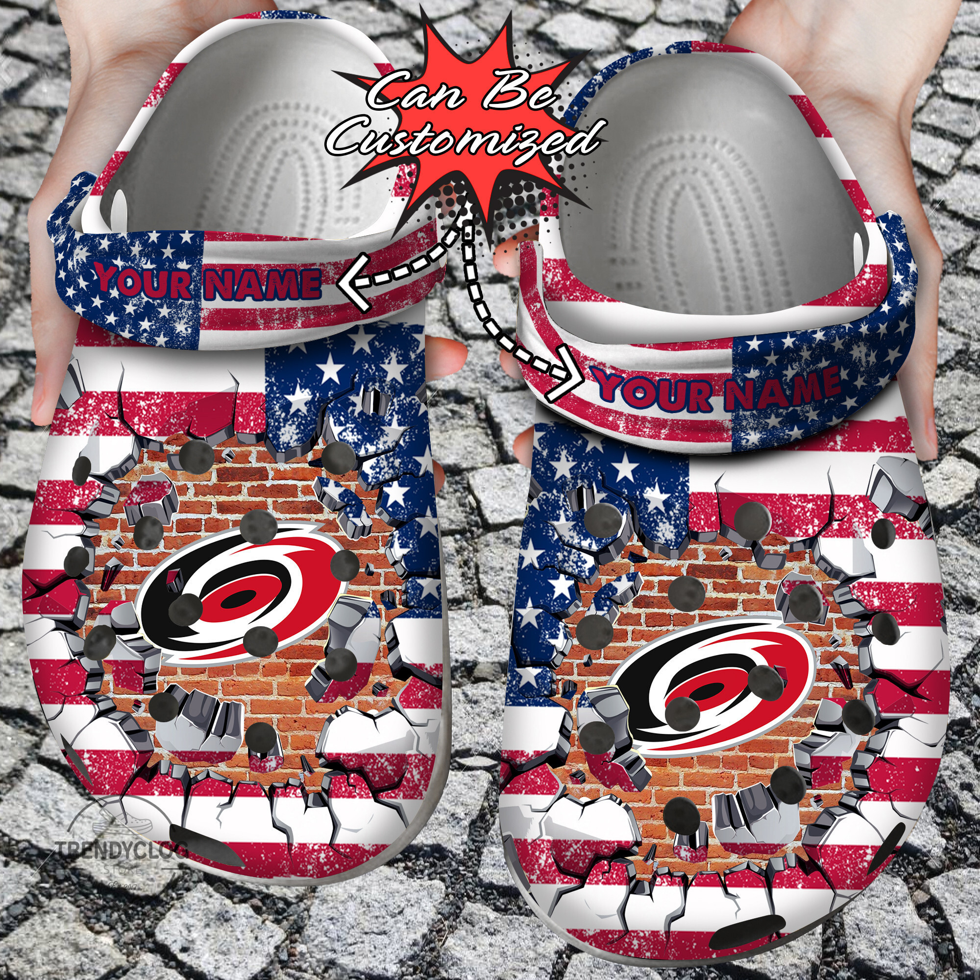 Footwearmerch Hockey Personalized CHurricanes American Flag Breaking Wall Clog Shoes