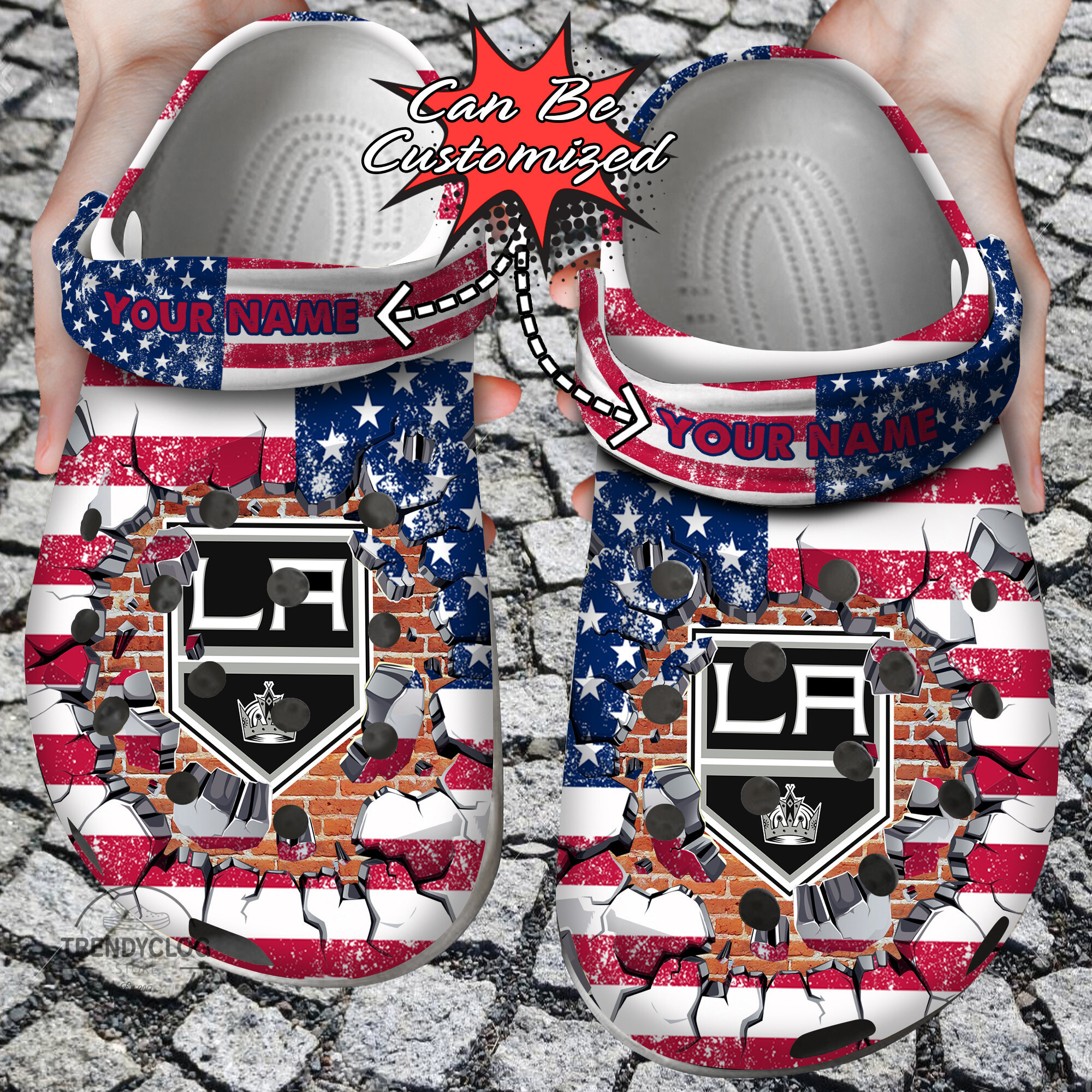 Footwearmerch Hockey Personalized LA Kings American Flag Breaking Wall Clog Shoes