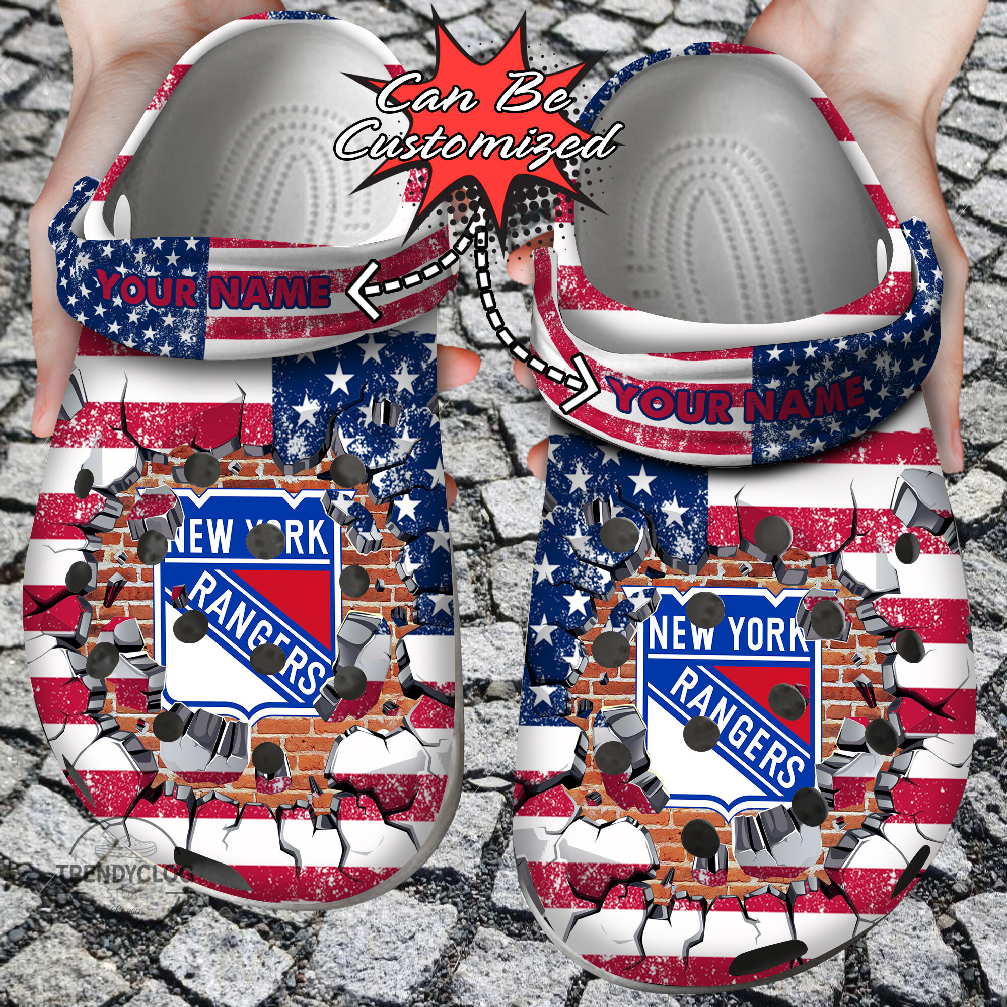 Footwearmerch Hockey Personalized NY Rangers American Flag Breaking Wall Clog Shoes