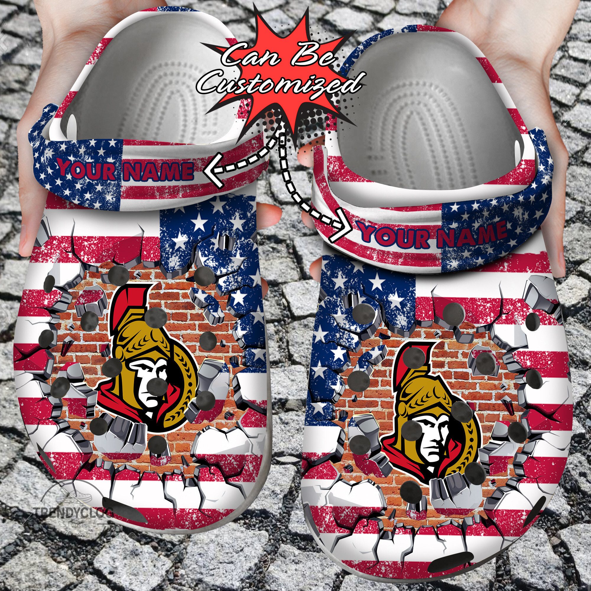 Footwearmerch Hockey Personalized OSenators American Flag Breaking Wall Clog Shoes