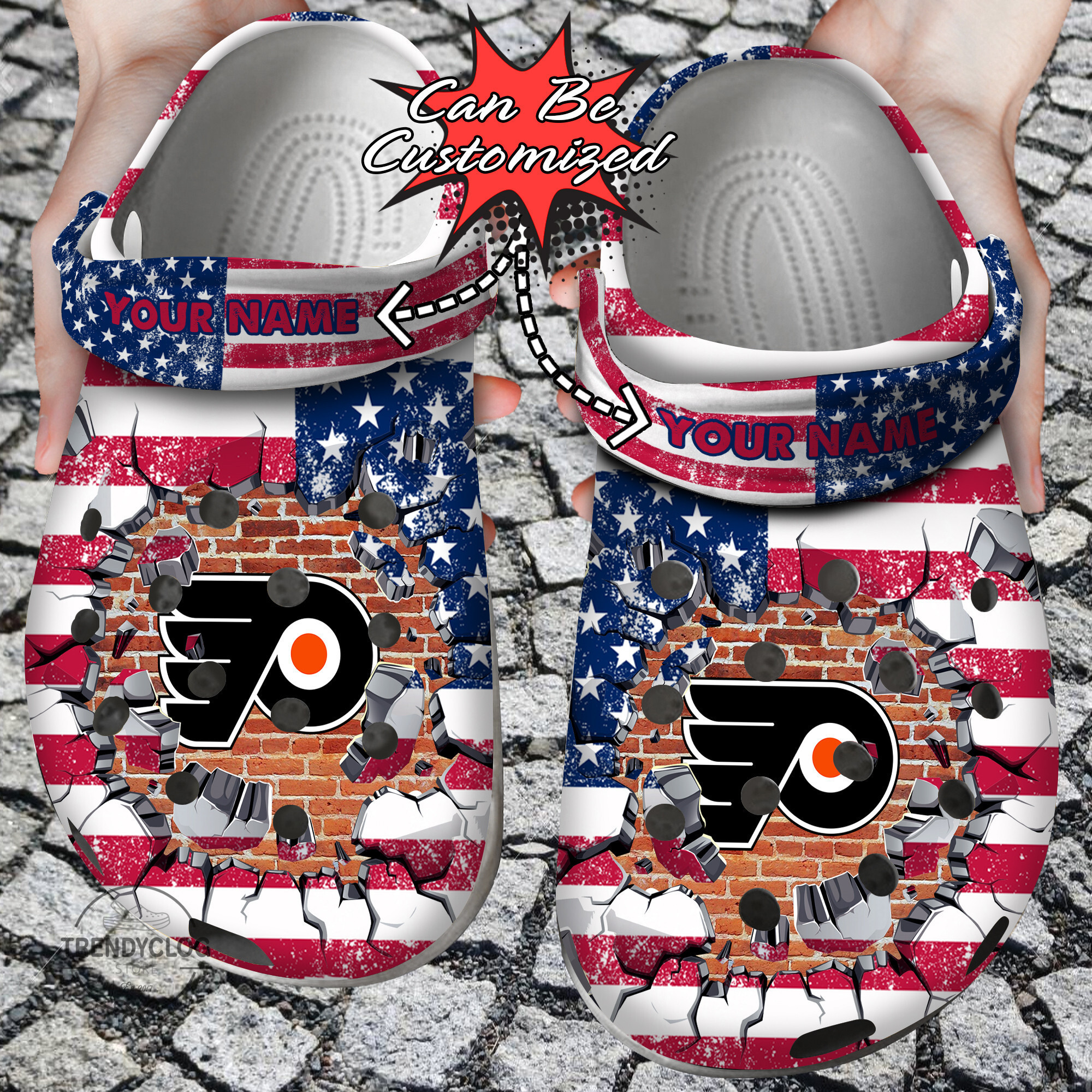 Footwearmerch Hockey Personalized PFlyers American Flag Breaking Wall Clog Shoes