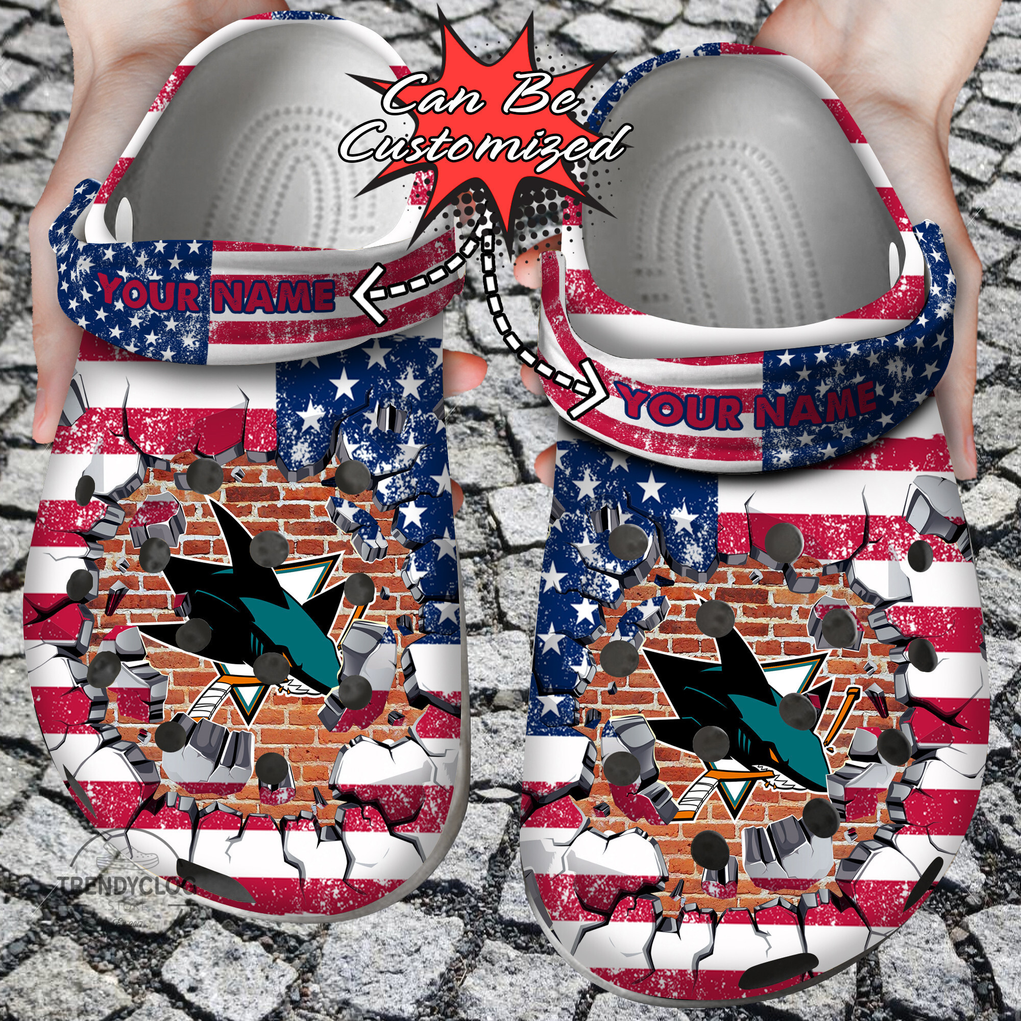 Footwearmerch Hockey Personalized SJ Sharks American Flag Breaking Wall Clog Shoes