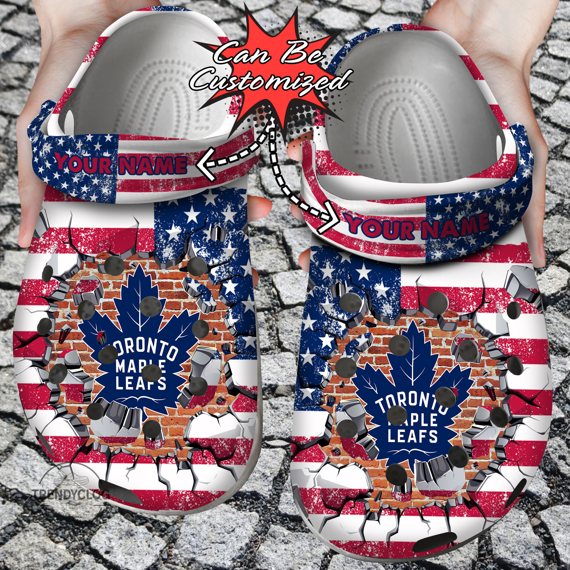Footwearmerch Hockey Personalized TMaple Leafs American Flag Breaking Wall Clog Shoes