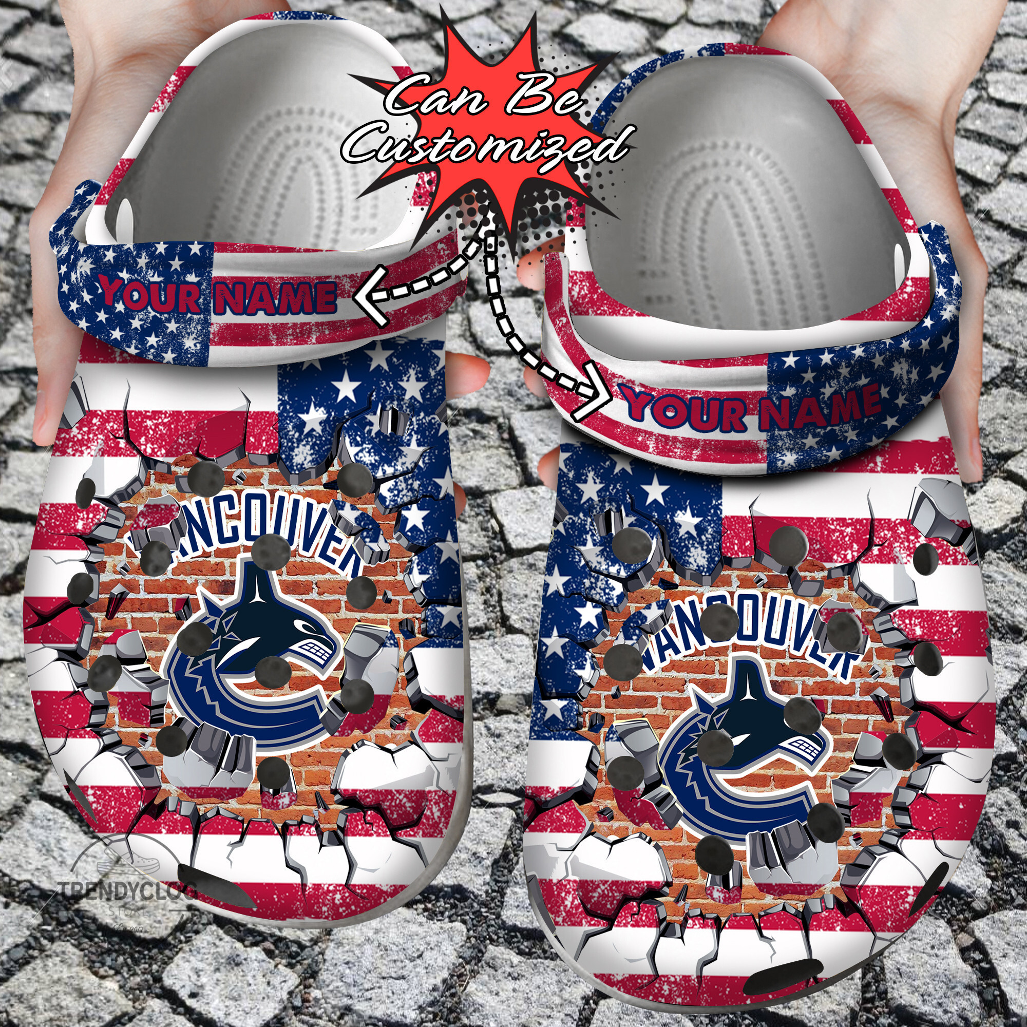 Footwearmerch Hockey Personalized VCanucks American Flag Breaking Wall Clog Shoes