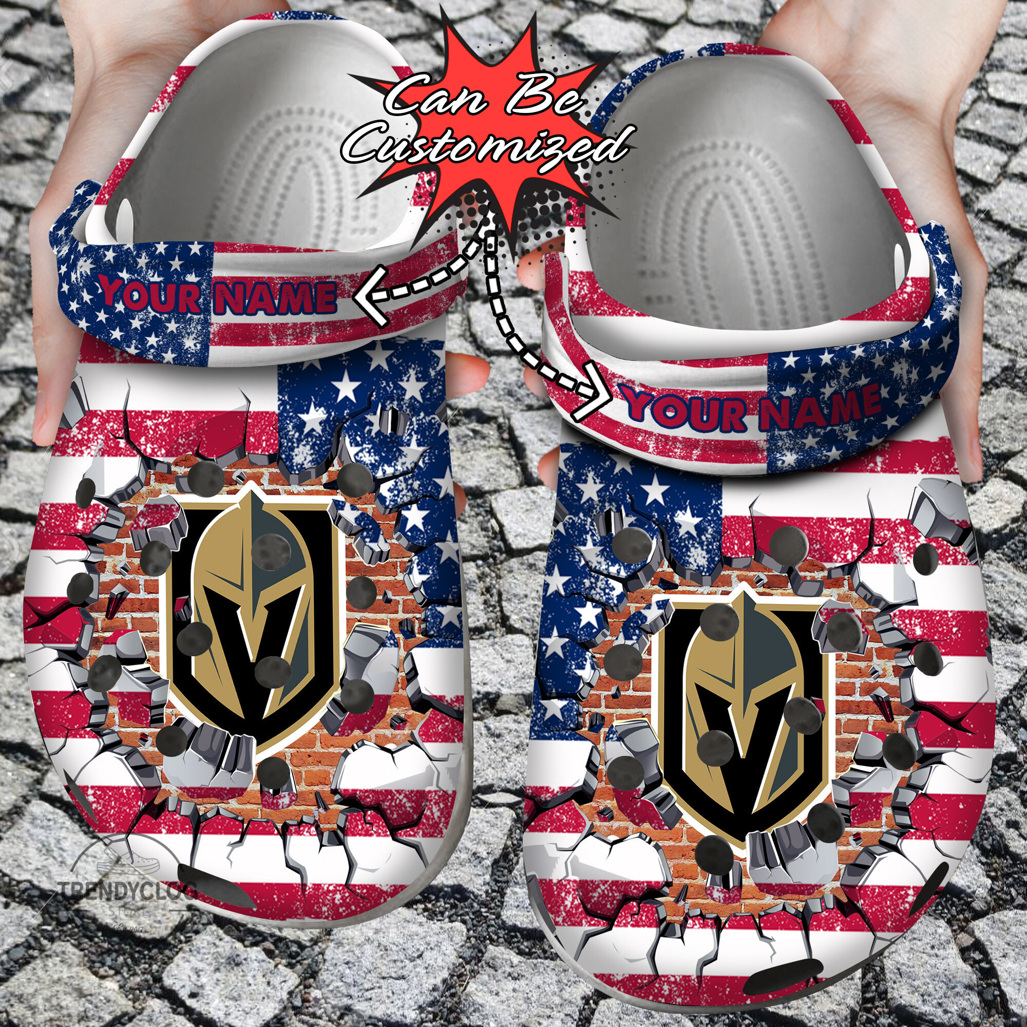 Footwearmerch Hockey Personalized VGolden Knights American Flag Breaking Wall Clog Shoes