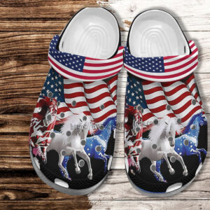 Footwearmerch Horses America Flag Croc Shoes Gift Men Women- Horses White Blue Red 4Th Of July Shoes Croc Clogs