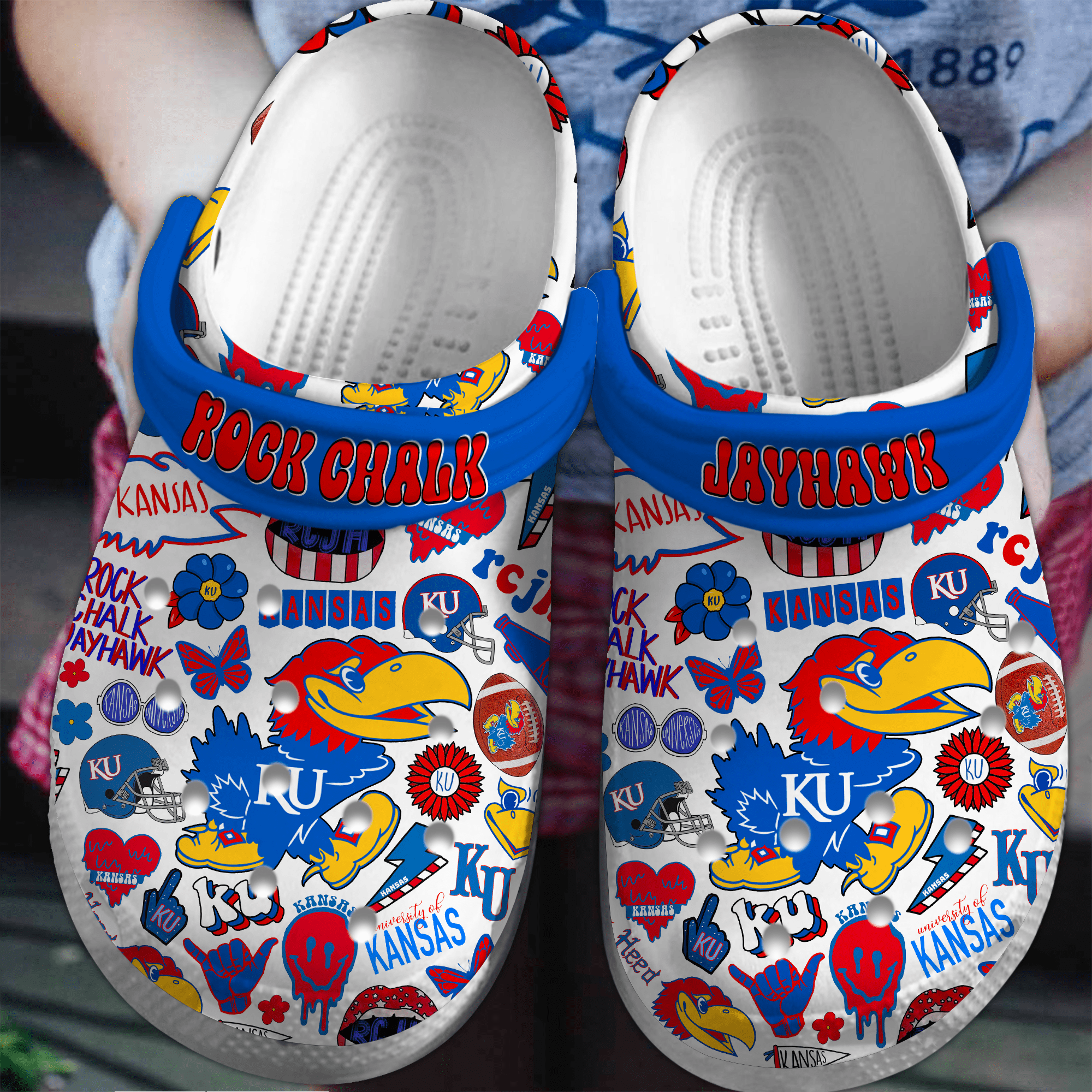 Footwearmerch Kansas Jayhawks NCAA Sport Crocs Crocband Clogs Shoes Comfortable For Men Women and Kids