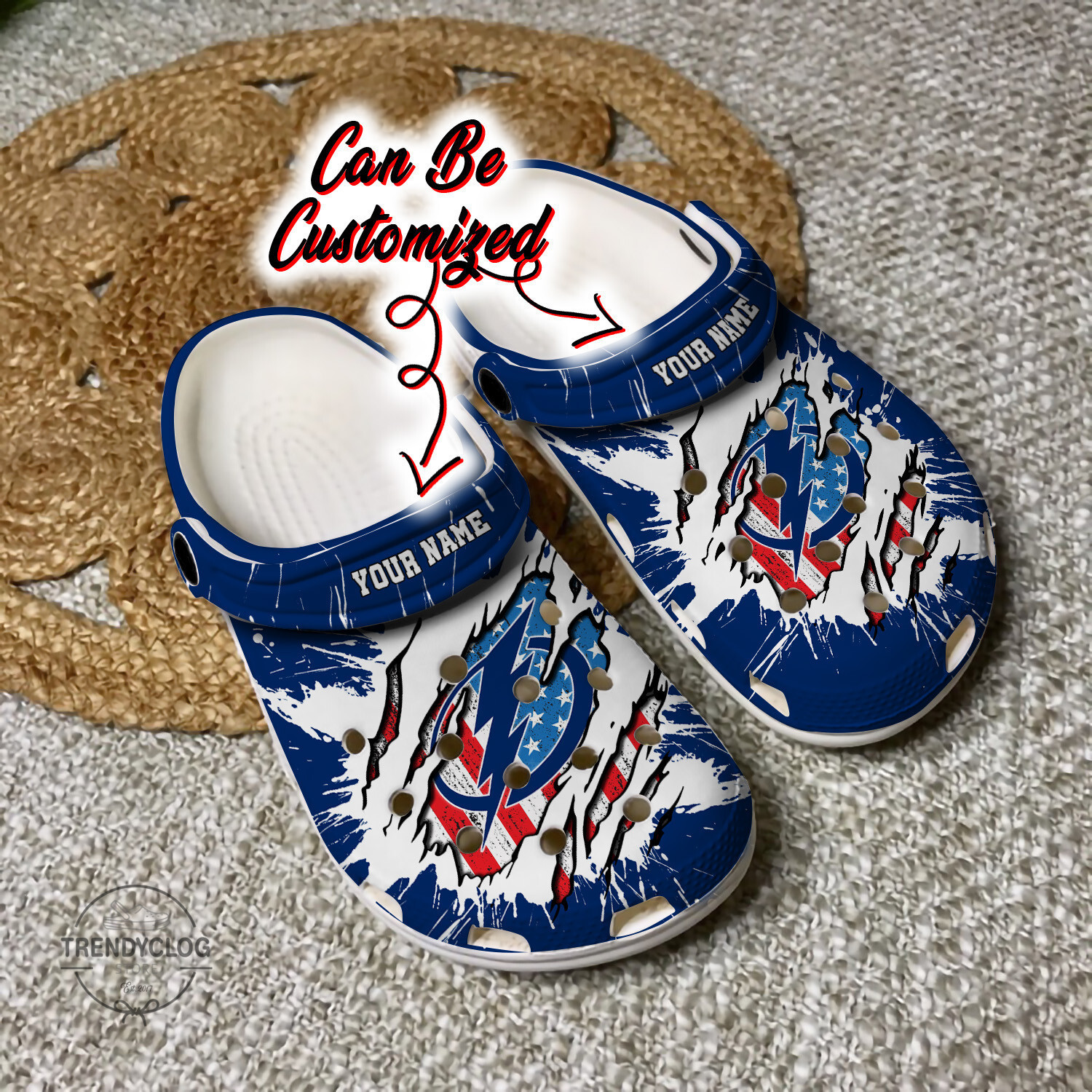 Footwearmerch Lightning Personalized TB Lightning Hockey Ripped American Flag Clog Shoes