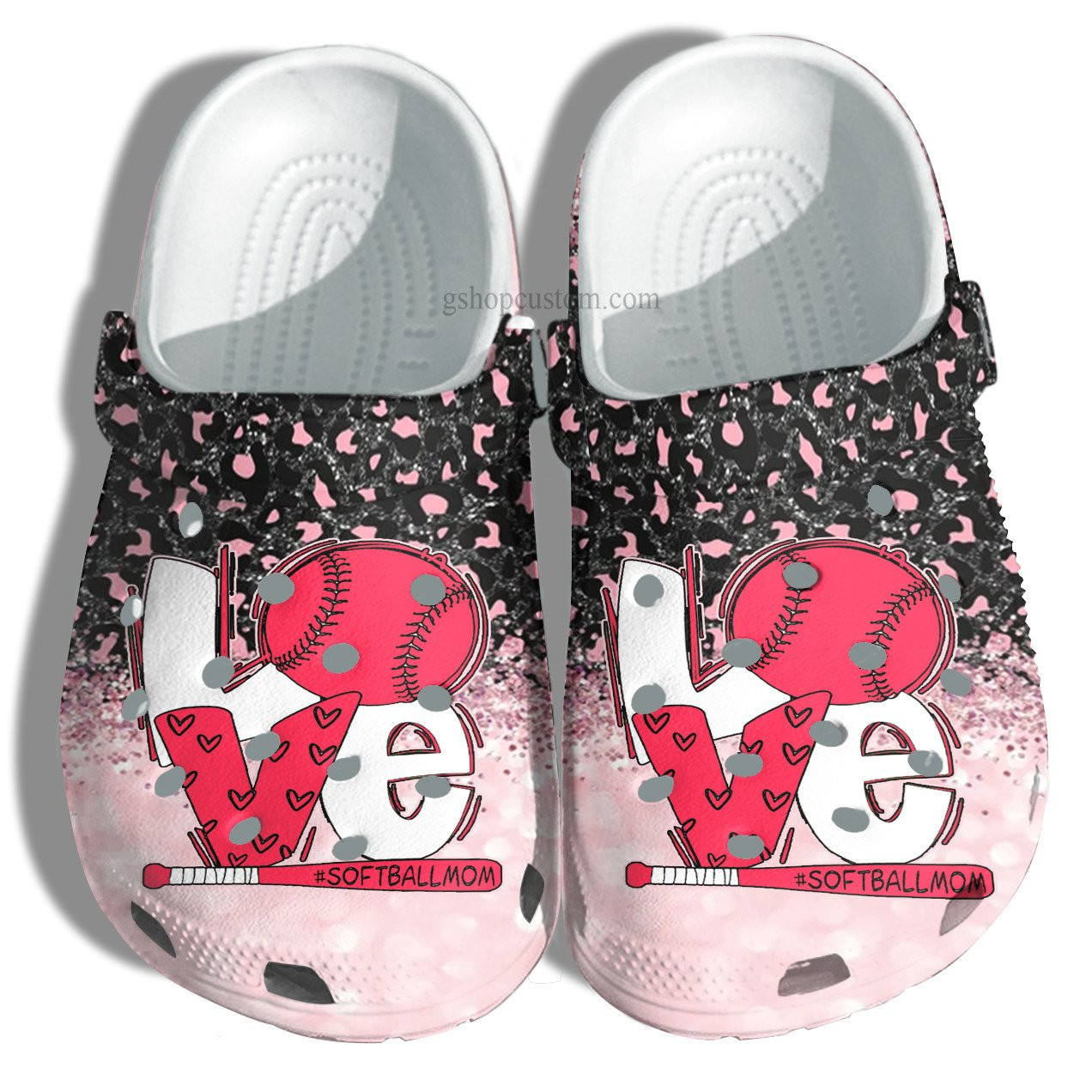 Footwearmerch Love Softball Mom Leopard Pinky Croc Shoes Gift Mommy- Softball Love Shoes Gift Mother Day