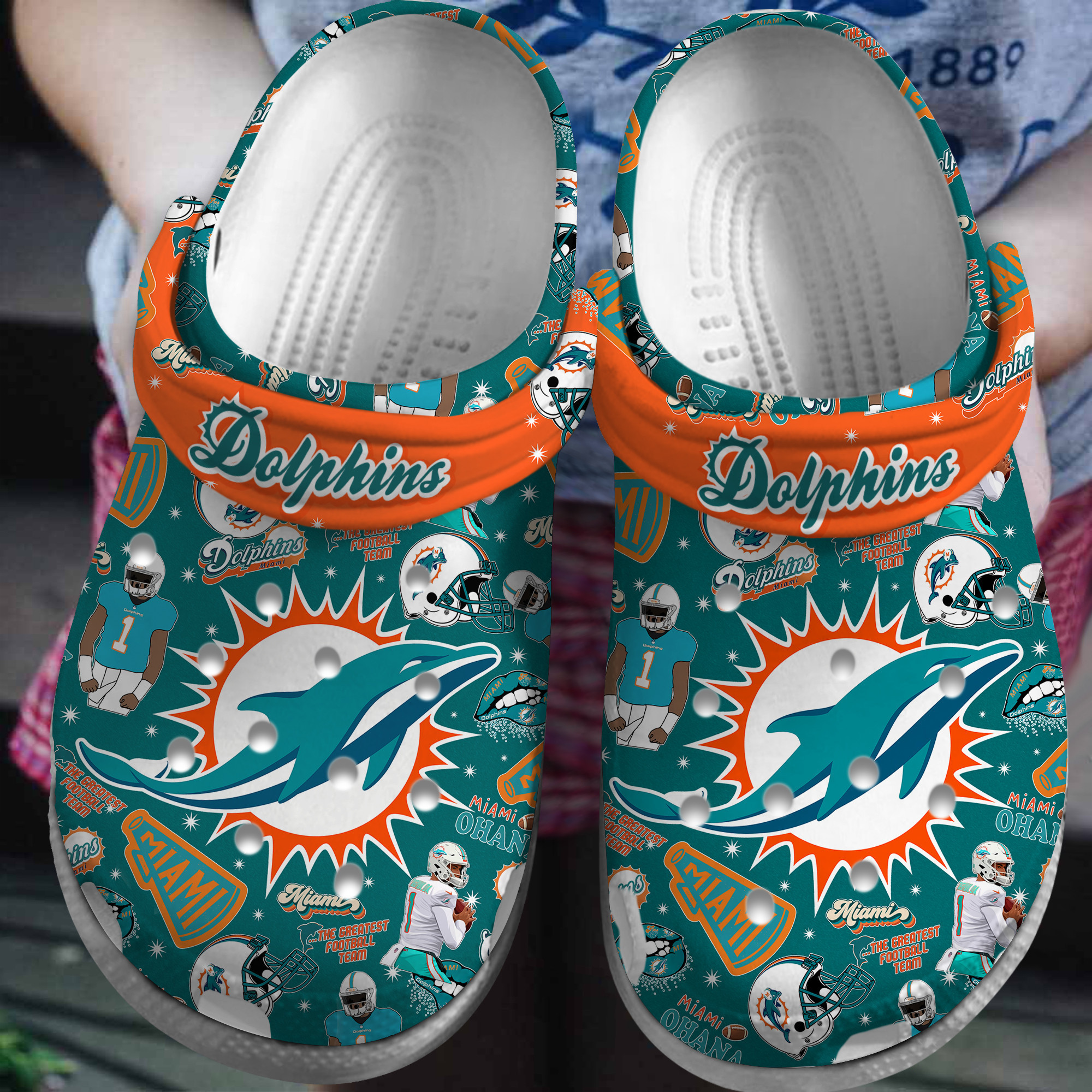 Footwearmerch Miami Dolphins NFL Sport Crocs Crocband Clogs Shoes Comfortable For Men Women and Kids