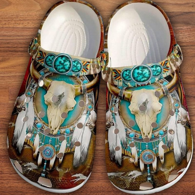 Footwearmerch Native American Bison Skull Native Dreamcatcher clog Shoeshunter Gift Men And Women clog Shoesshoes High Quality Rubber