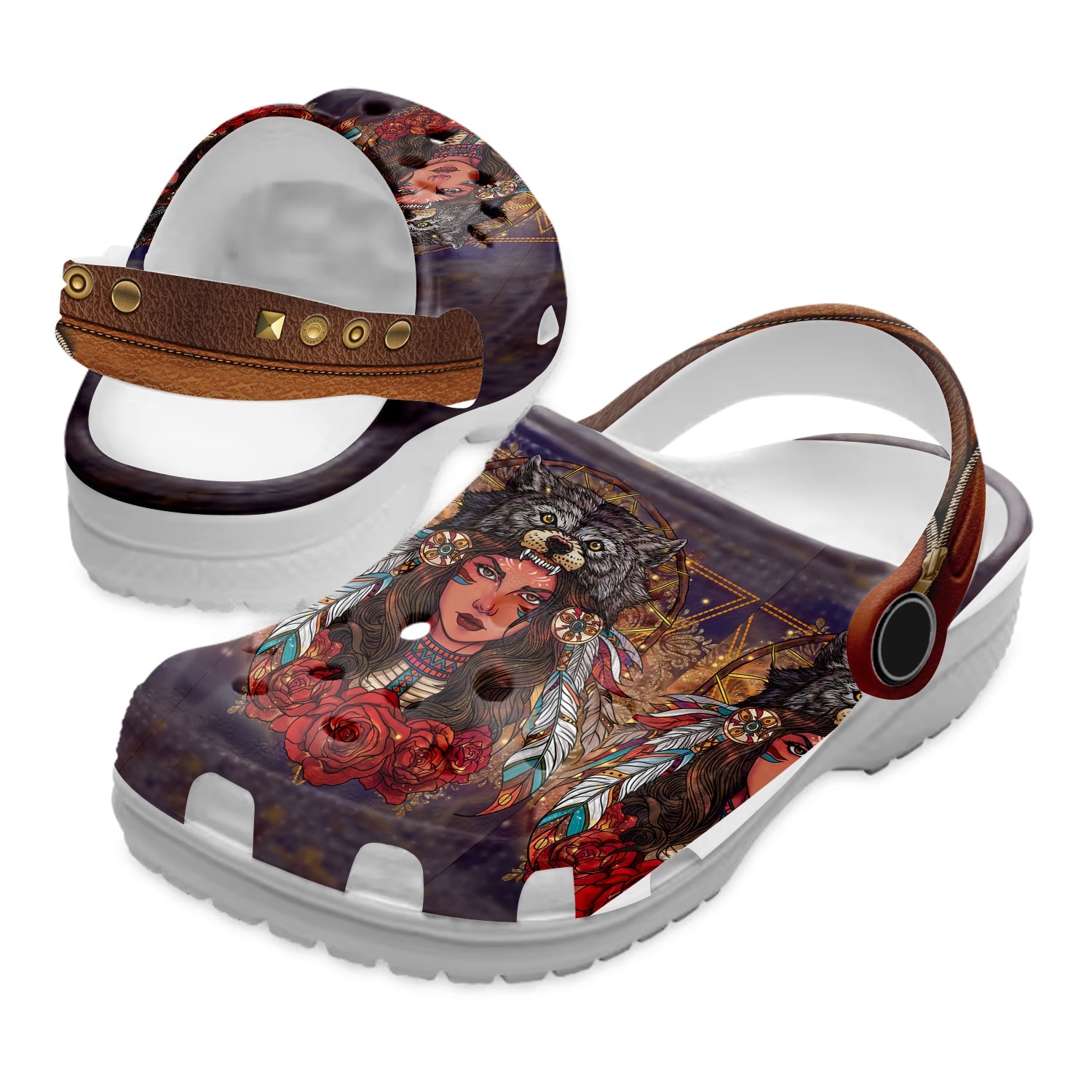 Footwearmerch Native American Wolf Girl Crocs Clog Shoes For Kid and Adult