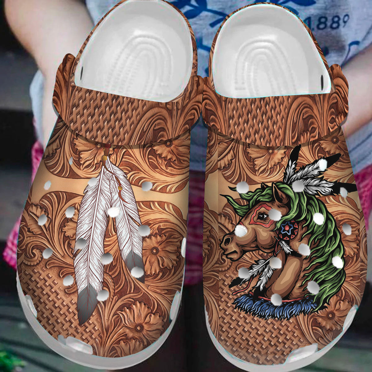Footwearmerch Native American Feather - Horse Crocs Clog Shoes For Kid and Adult