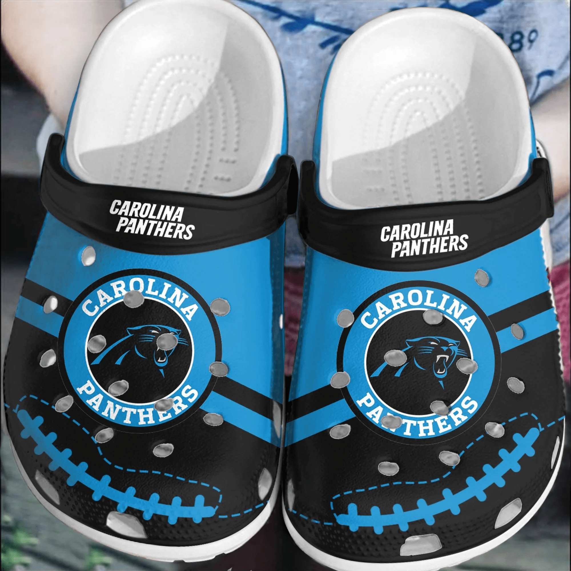 Footwearmerch NFL Carolina Panthers Football Crocs Comfortable Clogs Shoes Crocband For Men Women