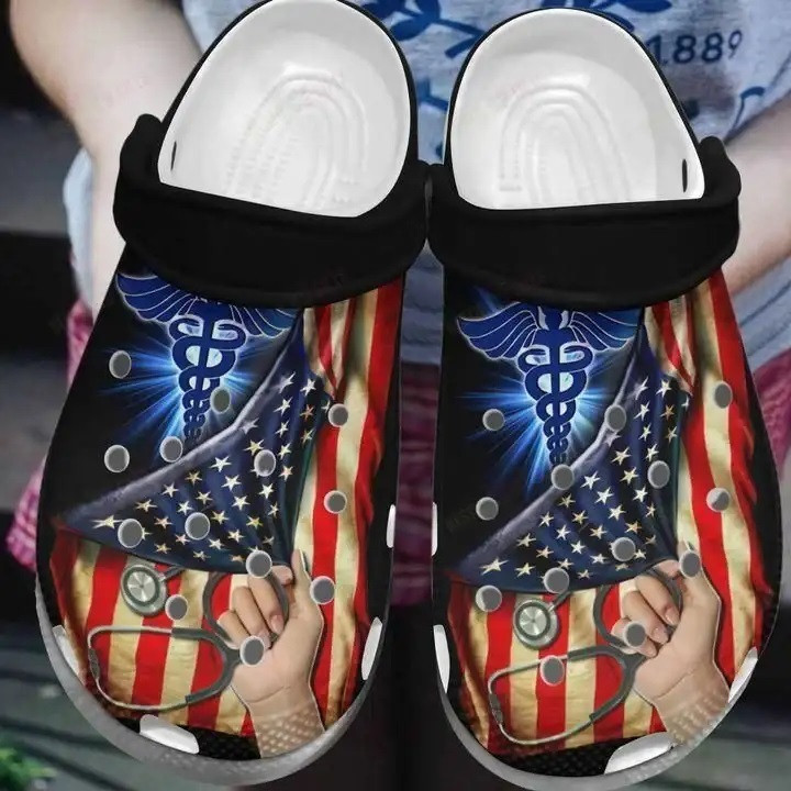 Footwearmerch Nurse American Flag And Nursing Symbol Crocband Clog Shoes For Men Women