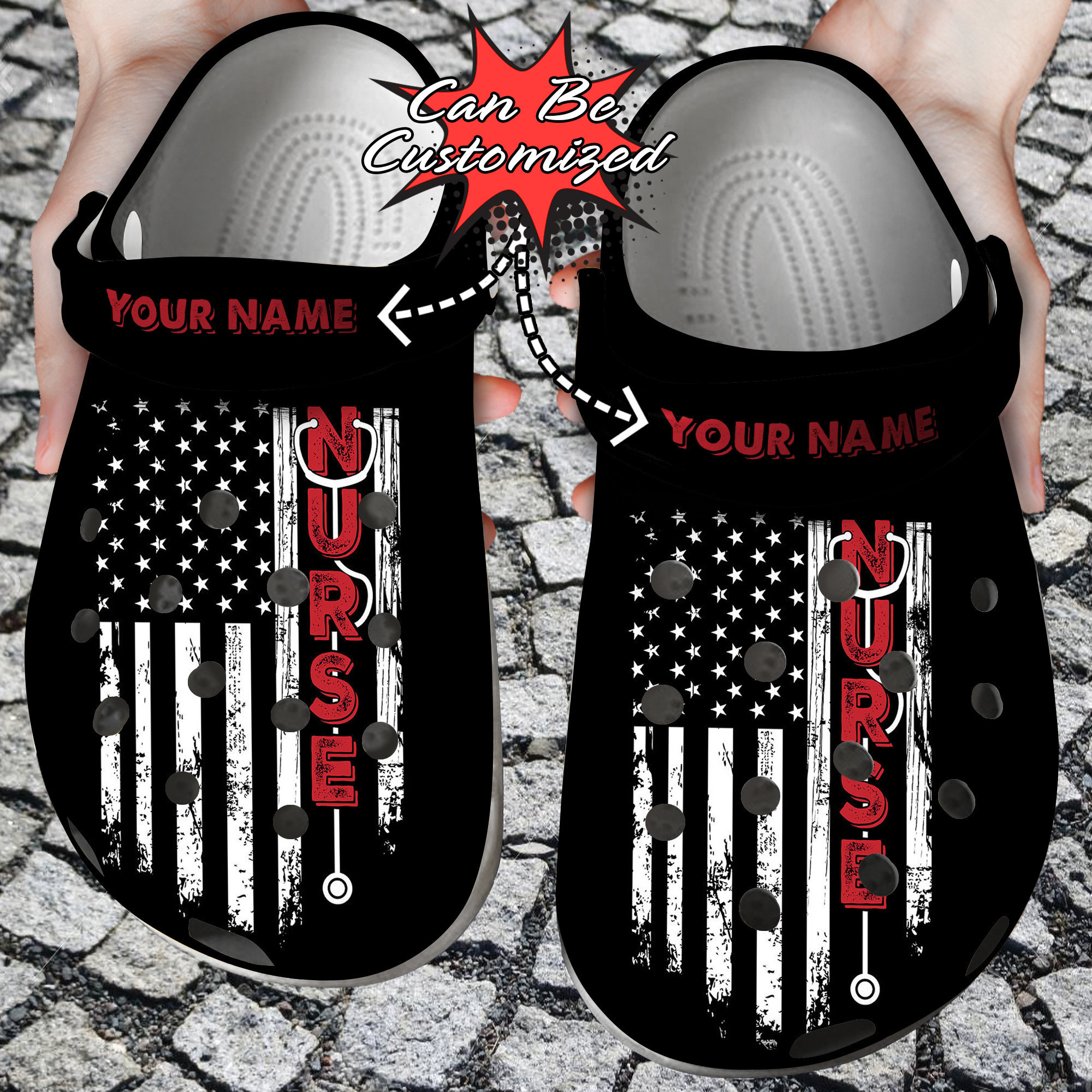 Footwearmerch Nurse Personalized Nurse American Flag Clog Shoes