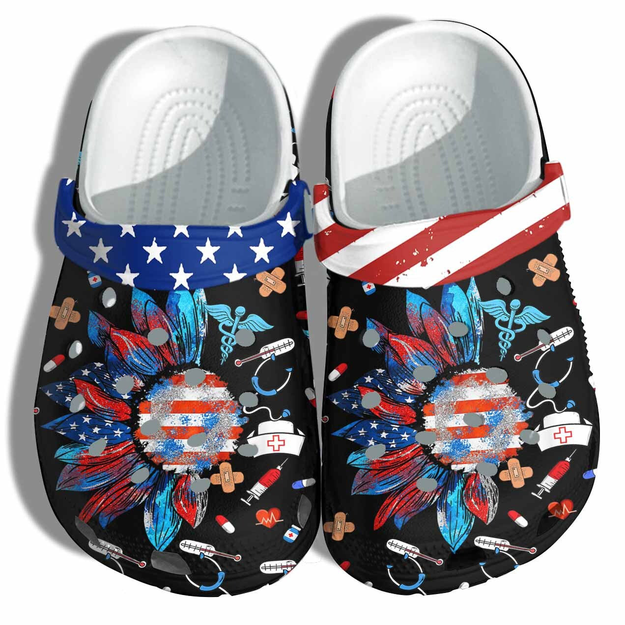 Footwearmerch Nurse Sunflower 4Th Of July Black Croc Shoes Gift Step Mom- Nurse Life America Flag Us Doctor Shoes Labor Day Gift
