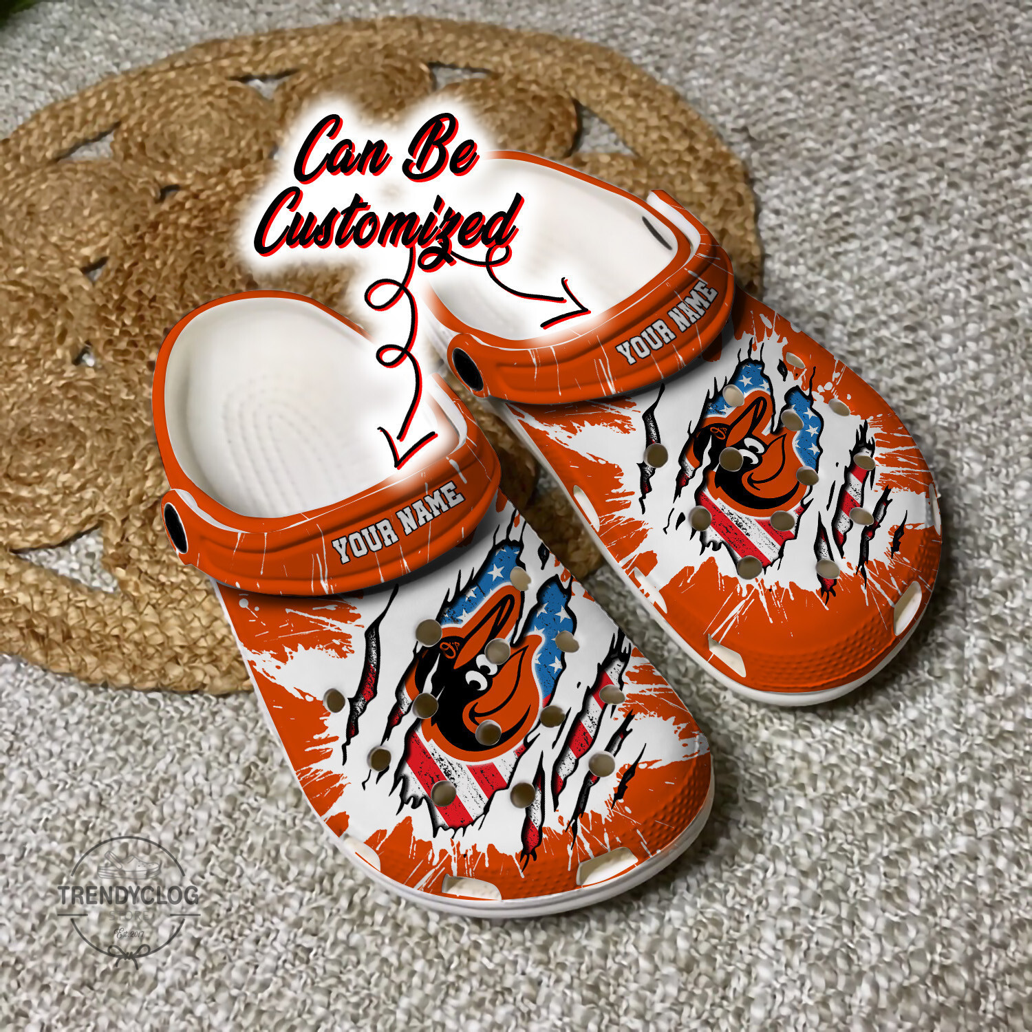 Footwearmerch Orioles Personalized BOrioles Baseball Ripped American Flag Clog Shoes