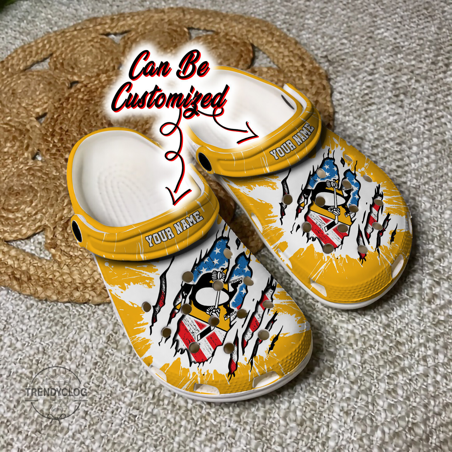 Footwearmerch Penguins Personalized PPenguins Hockey Ripped American Flag Clog Shoes