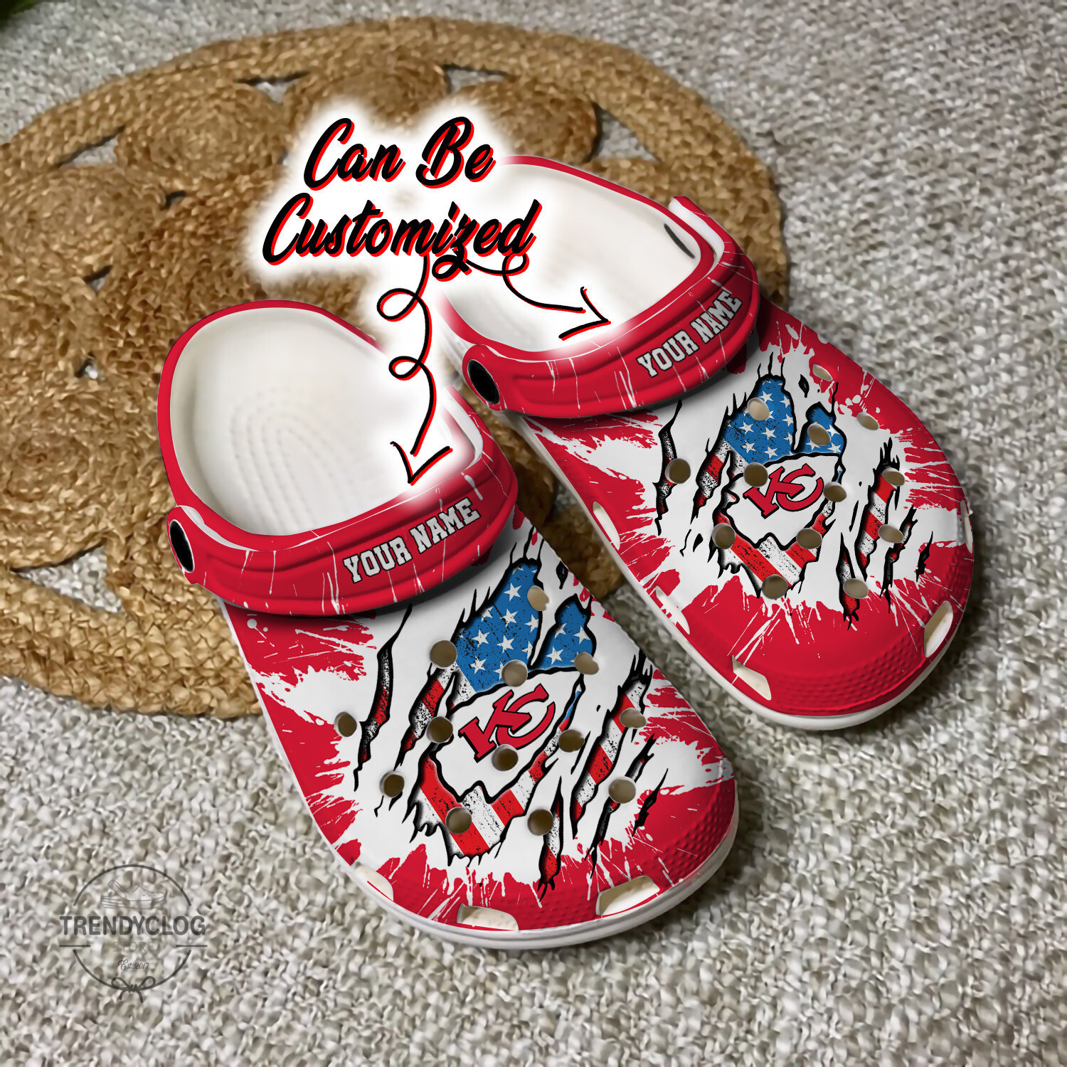 Footwearmerch Personalized Chiefs Football Ripped American Flag Clog Shoes