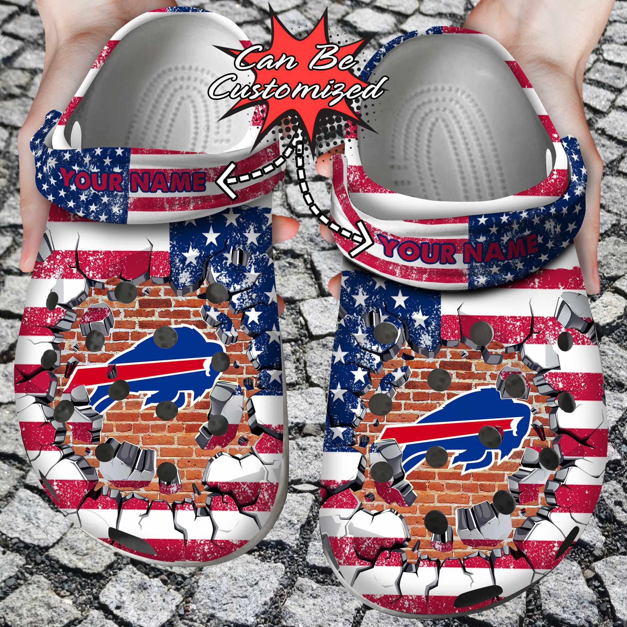 Footwearmerch Personalized Name Logo Football Team American Flag Breaking Wall clog Shoes