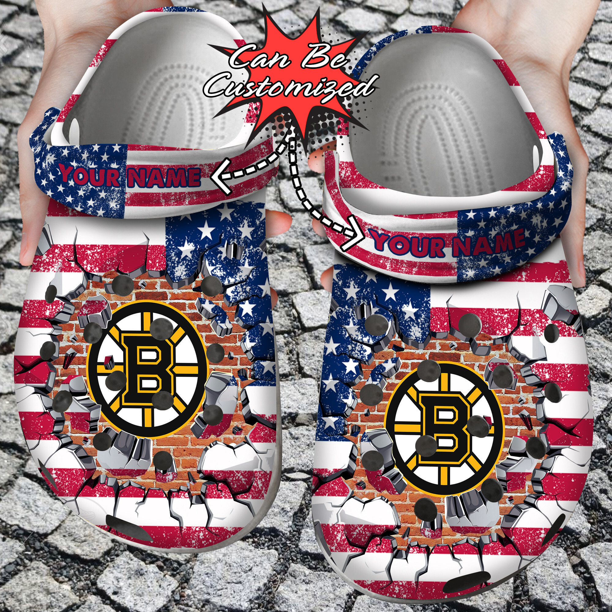 Footwearmerch Personalized Name Logo Hockey Team American Flag Breaking Wall clog Shoes