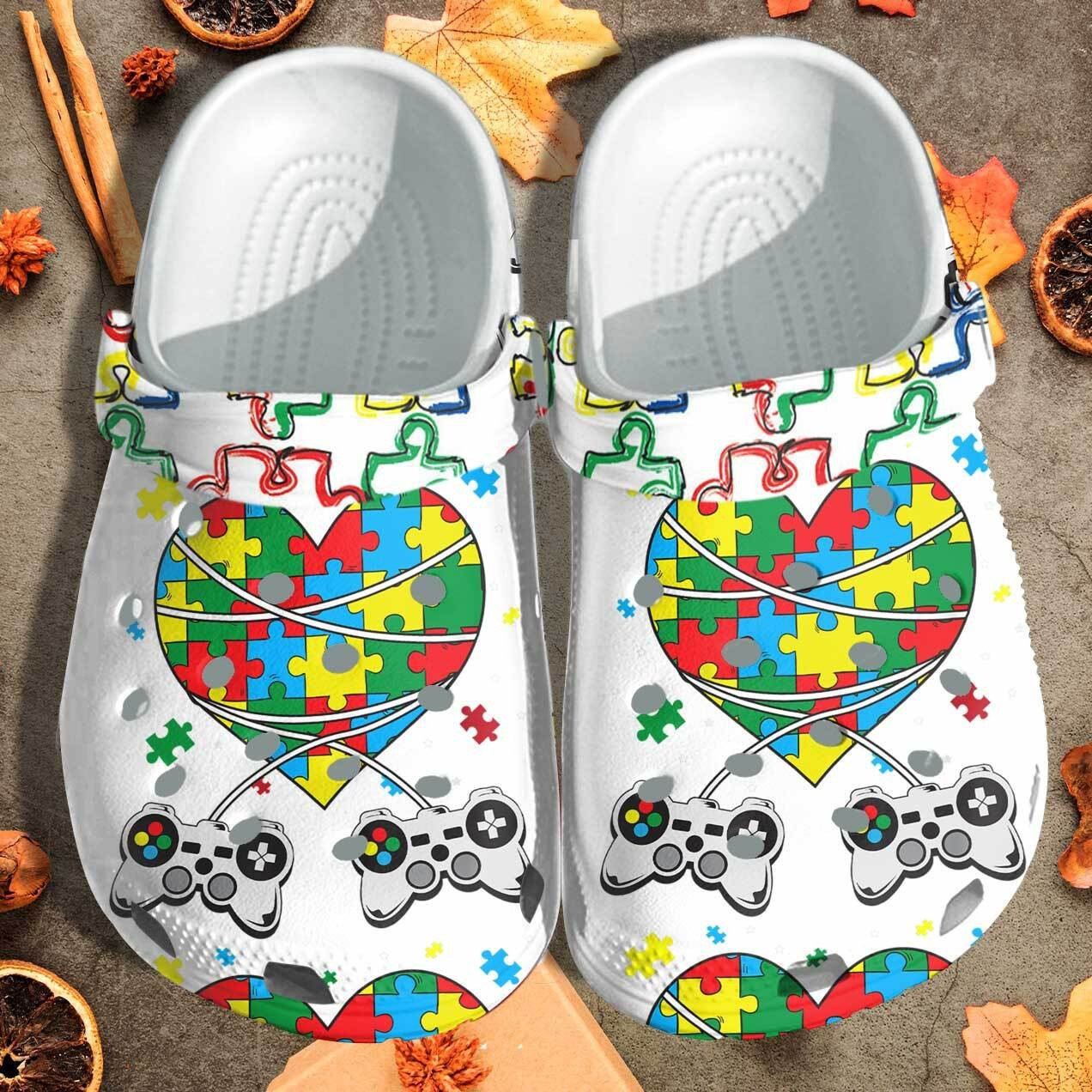 Footwearmerch Puzzle Heart Autism Gamer Custom Shoes Clogs Gift For Boy Kids - Game For Autism Outdoor Shoes