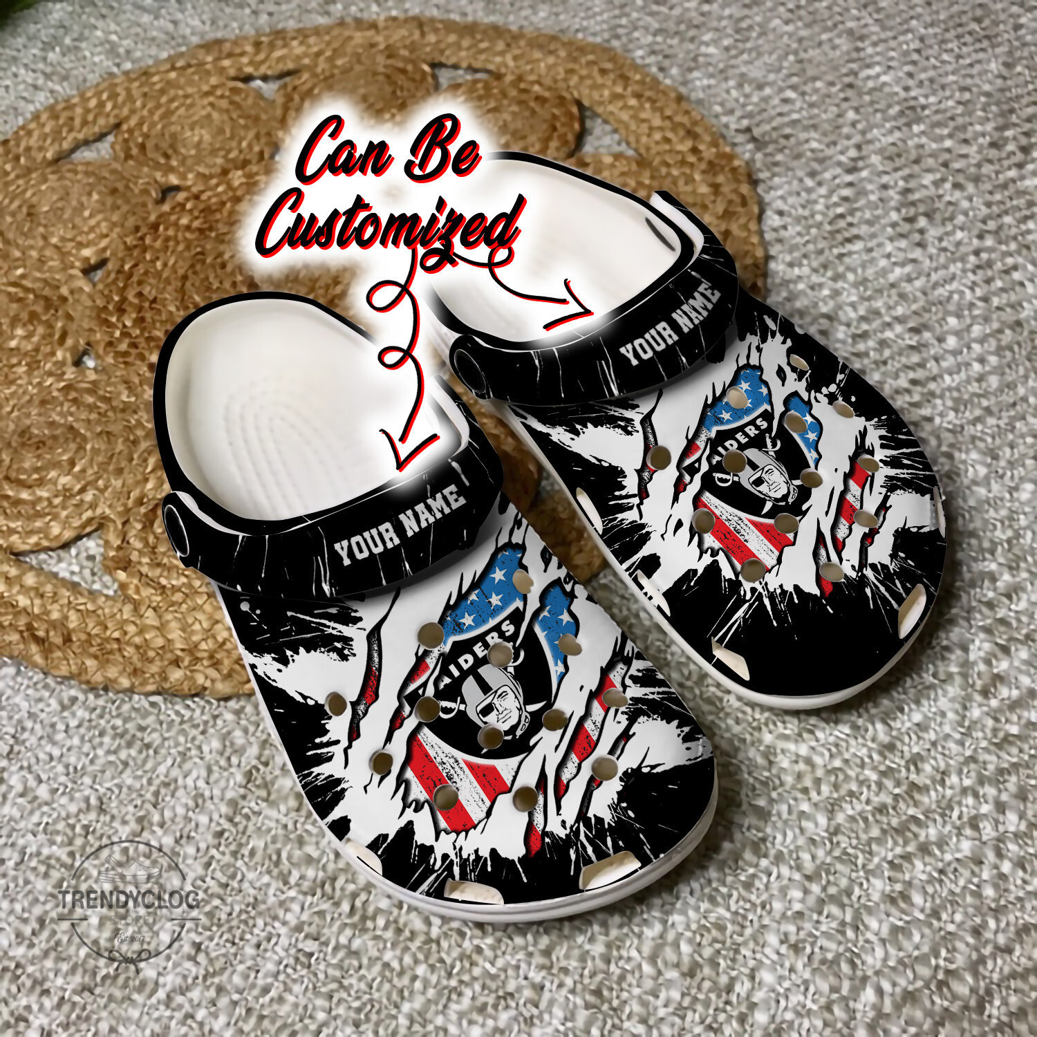 Footwearmerch Raiders Football Ripped American Flag Clog Shoes Custom Name