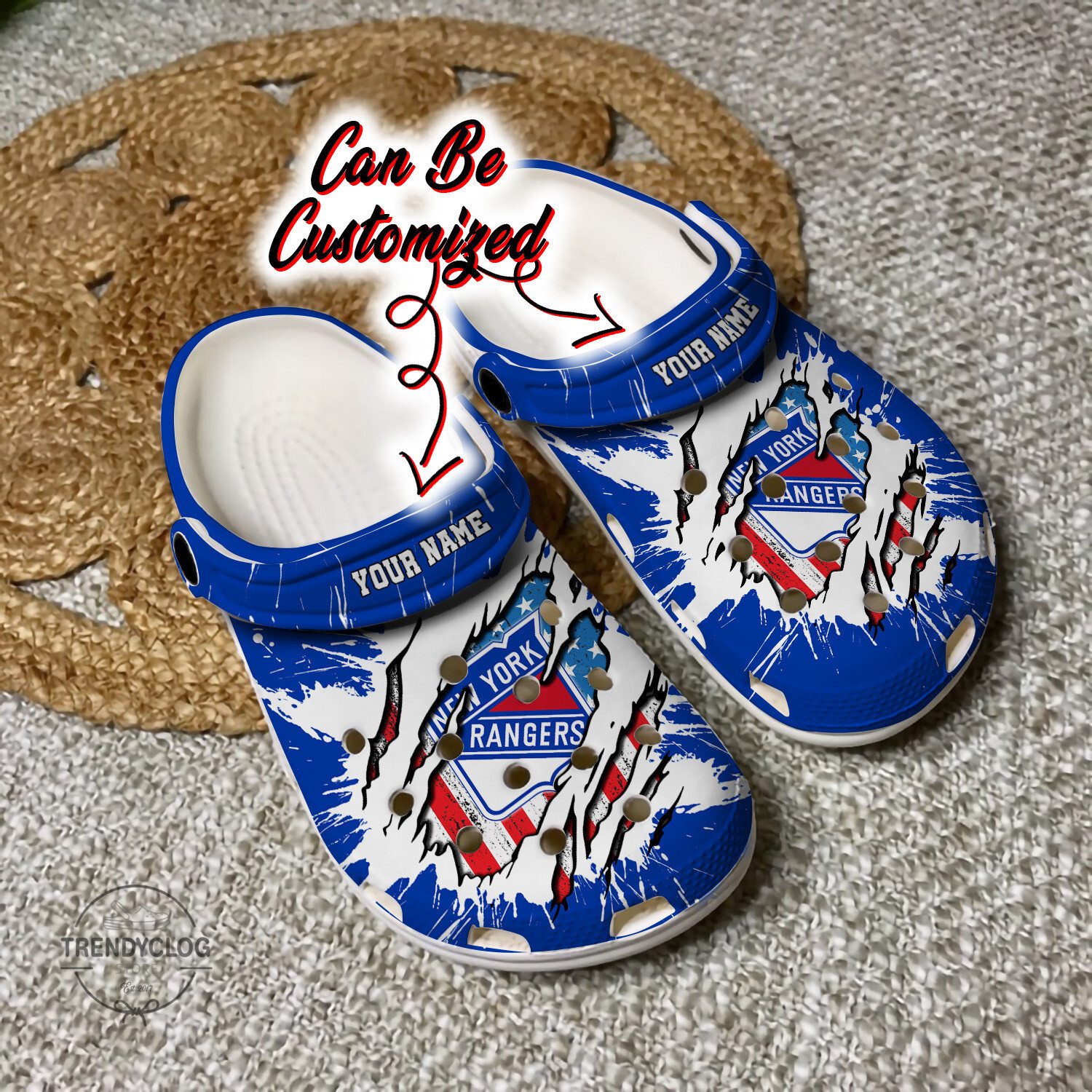 Footwearmerch Rangers Personalized NY Rangers Hockey Ripped American Flag Clog Shoes