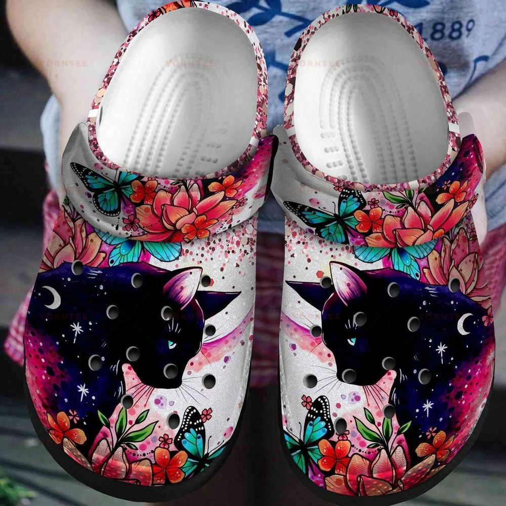 Footwearmerch Romantic Black Cat Tropical Flower Gift For Lover Rubber clog Shoes Comfy Footwear