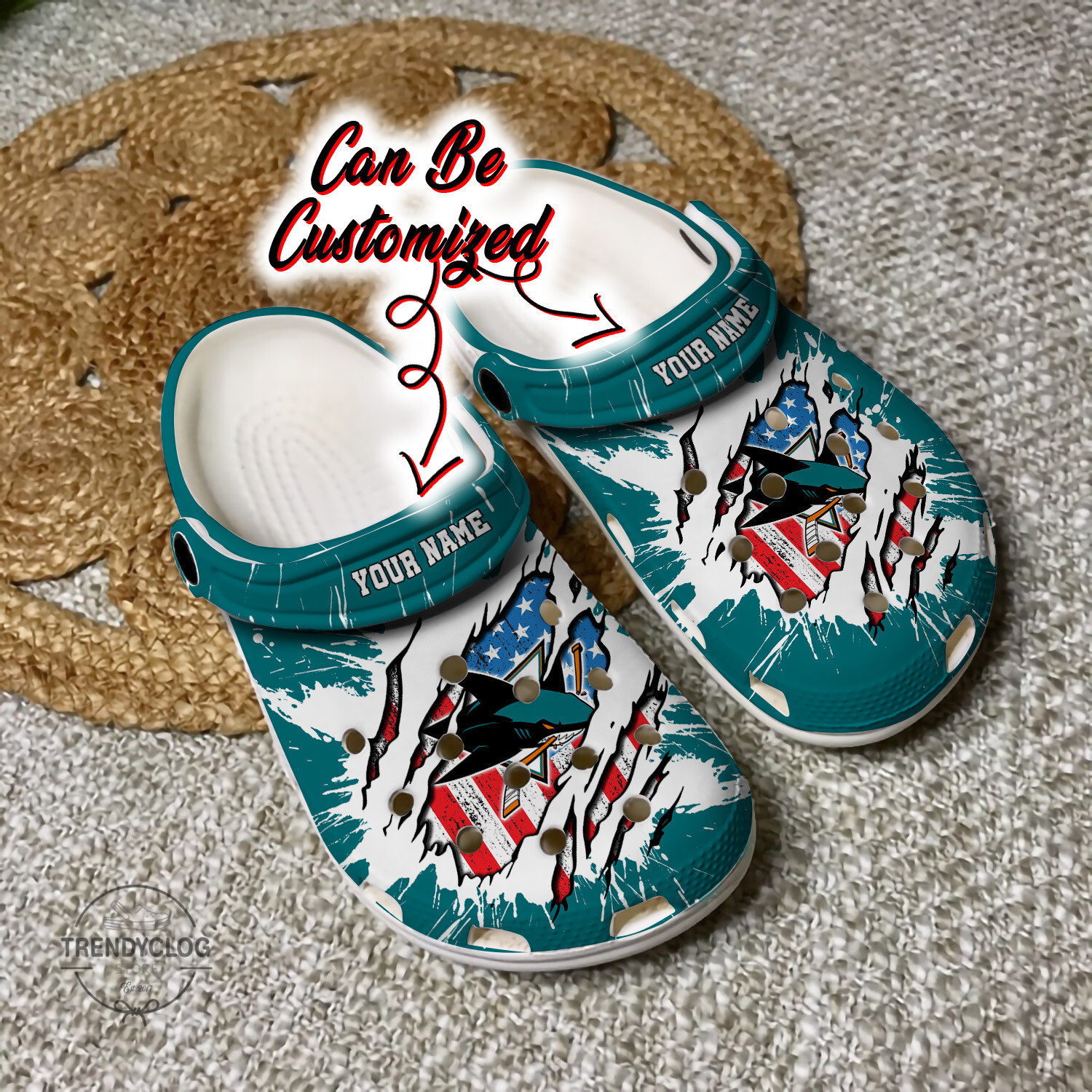 Footwearmerch Sharks Personalized SJ Sharks Hockey Ripped American Flag Clog Shoes