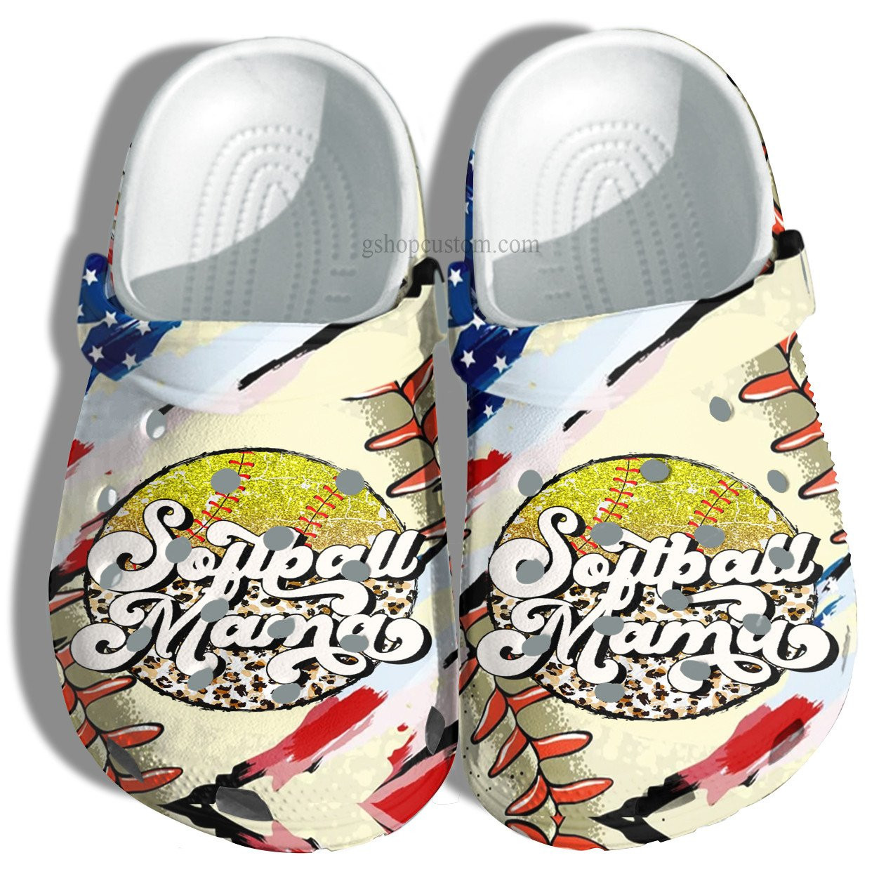 Footwearmerch Softball Mama Twinkle Croc Shoes Leopard America Flag Style - Softball 4Th Of July Shoes Gift Birthday Mom