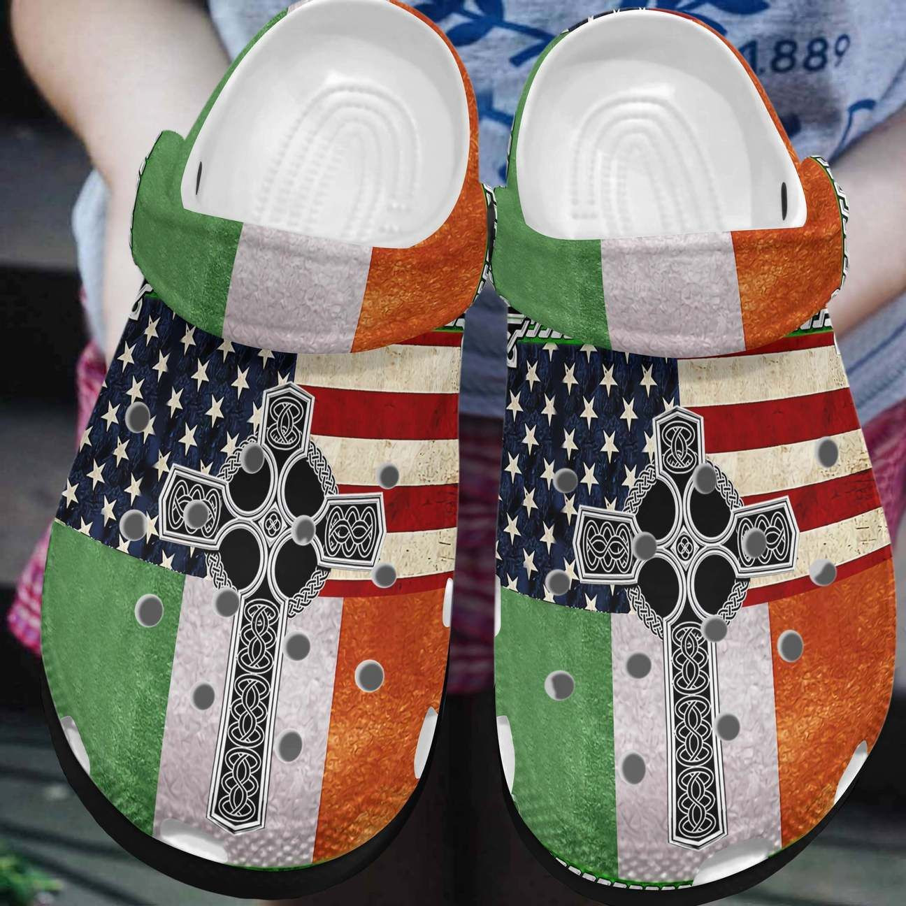 Footwearmerch St Patricks Day American Flag Christian Cross Irish Crocband Shoes