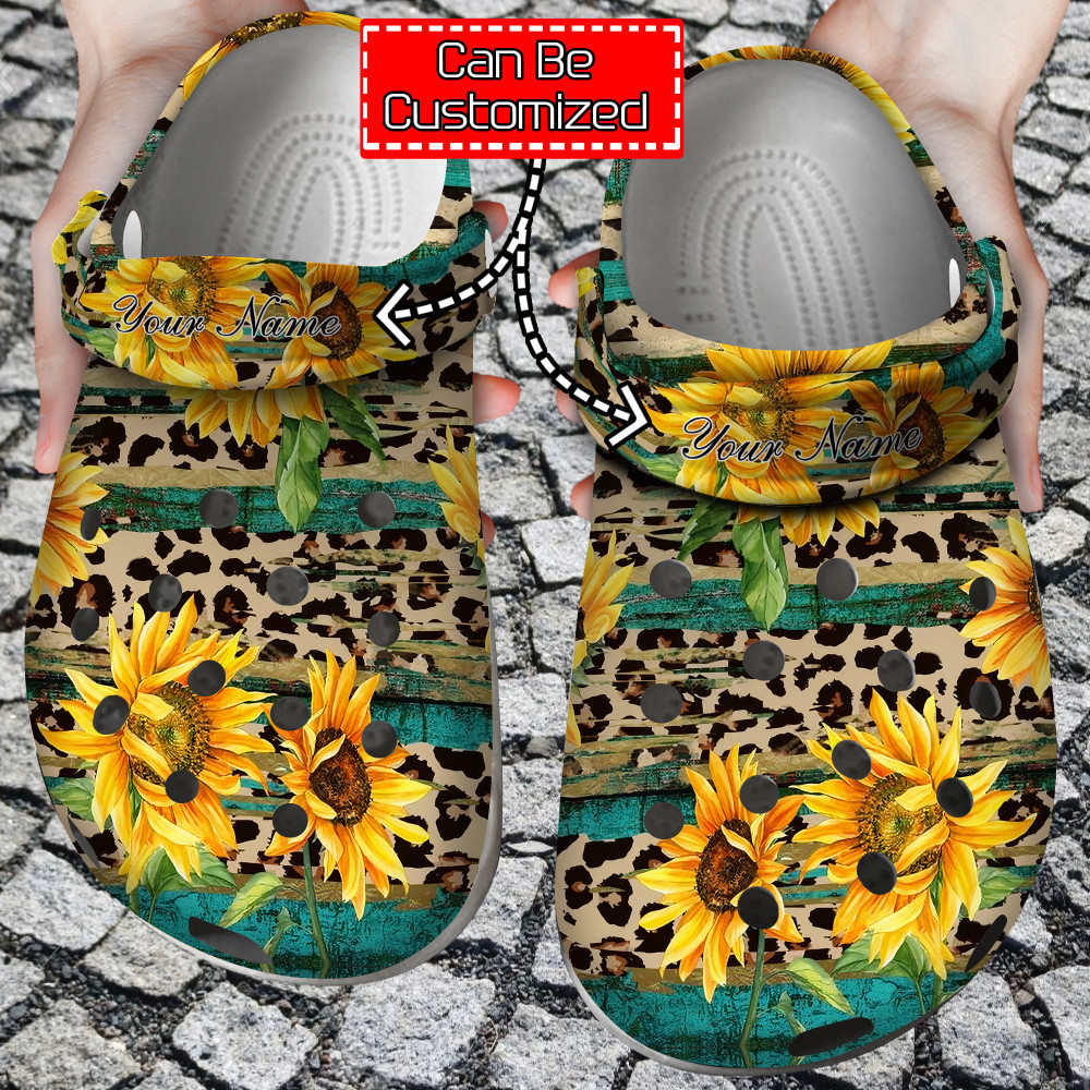 Footwearmerch Sunflower Print - Rustic Sunflower Tea Wood Leopard Clog Shoes For Men And Women