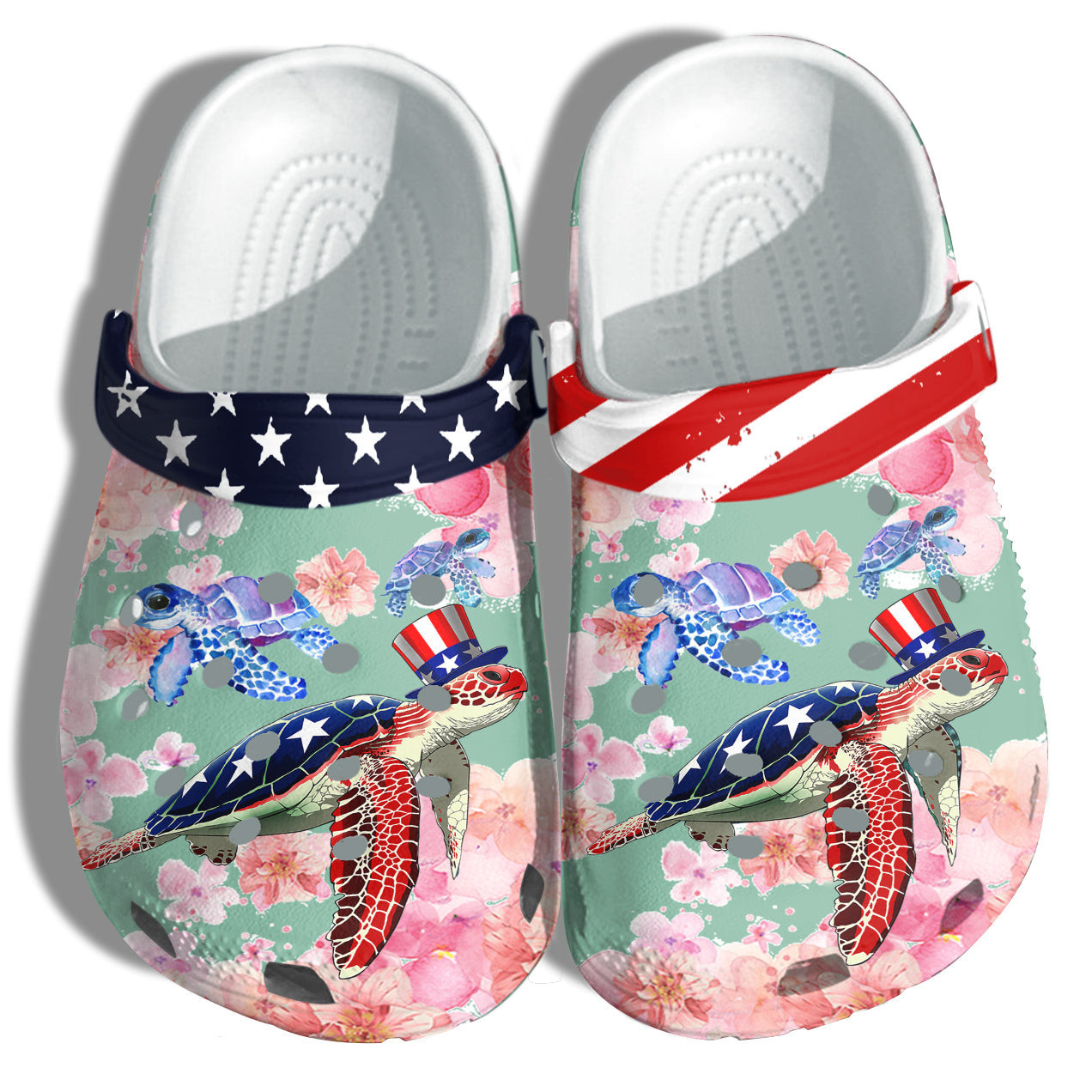 Footwearmerch Turtle Flower 4Th Of July Shoes Gift Women - Baby Sea Turtle Cherry Blossom America Flag Shoes Birthday Gift