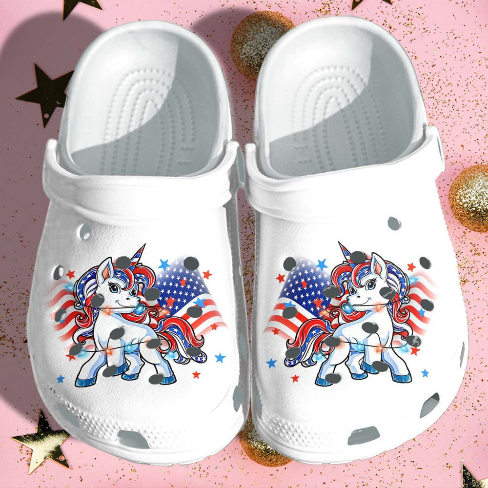 Footwearmerch Unicorn America Flag Shoes 4Th Of July Day Gifts - Cute Unicorn Croc Shoes For Boys Girls