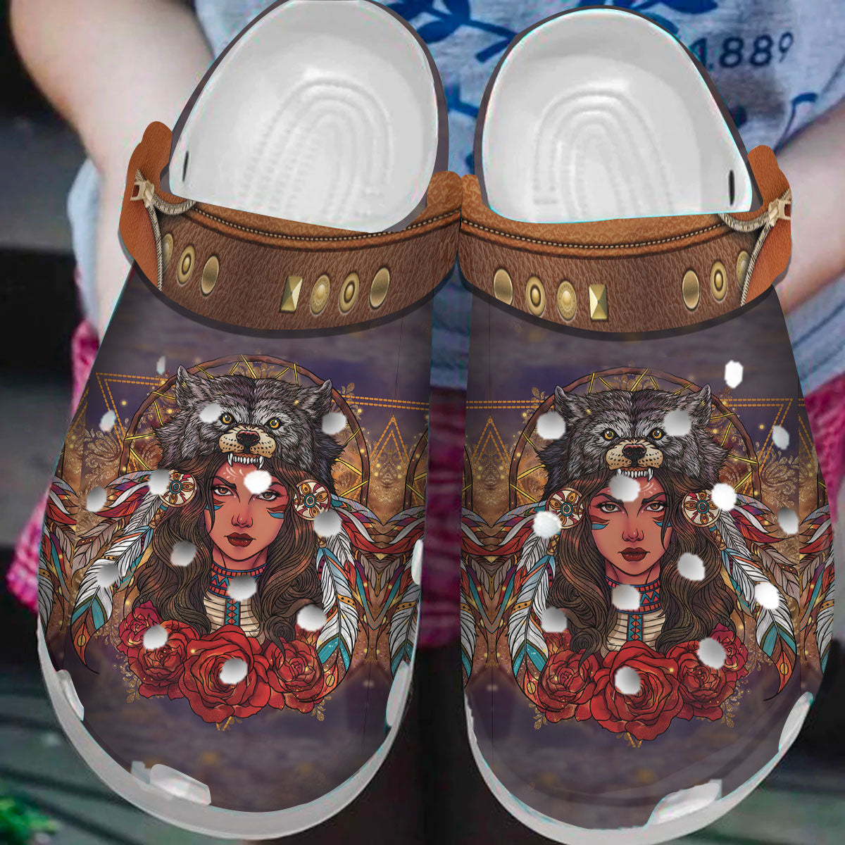 Footwearmerch Native American Wolf Girl Crocs Clog Shoes For Kid and Adult
