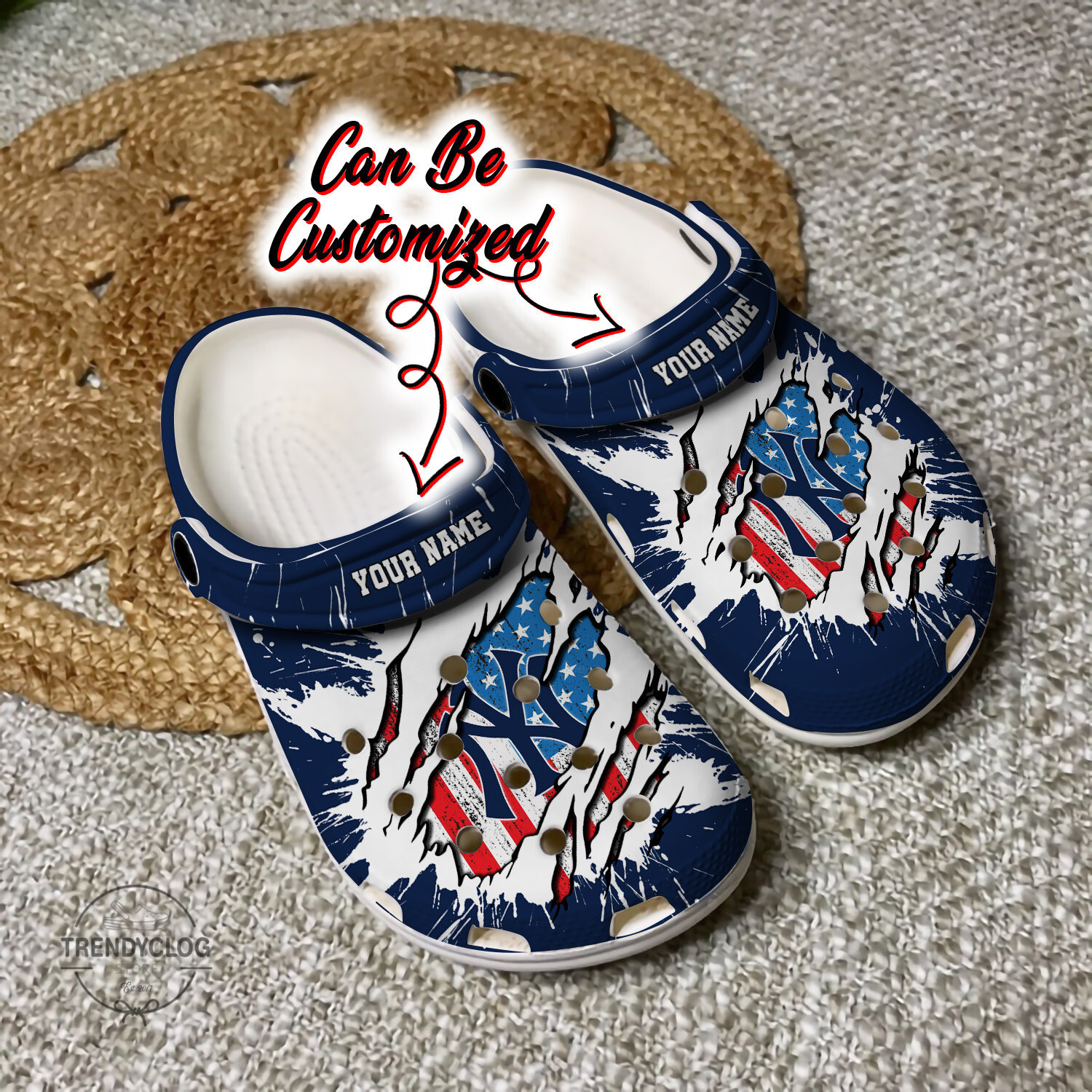 Footwearmerch Yankees Personalized NY Yankees Baseball Ripped American Flag Clog Shoes