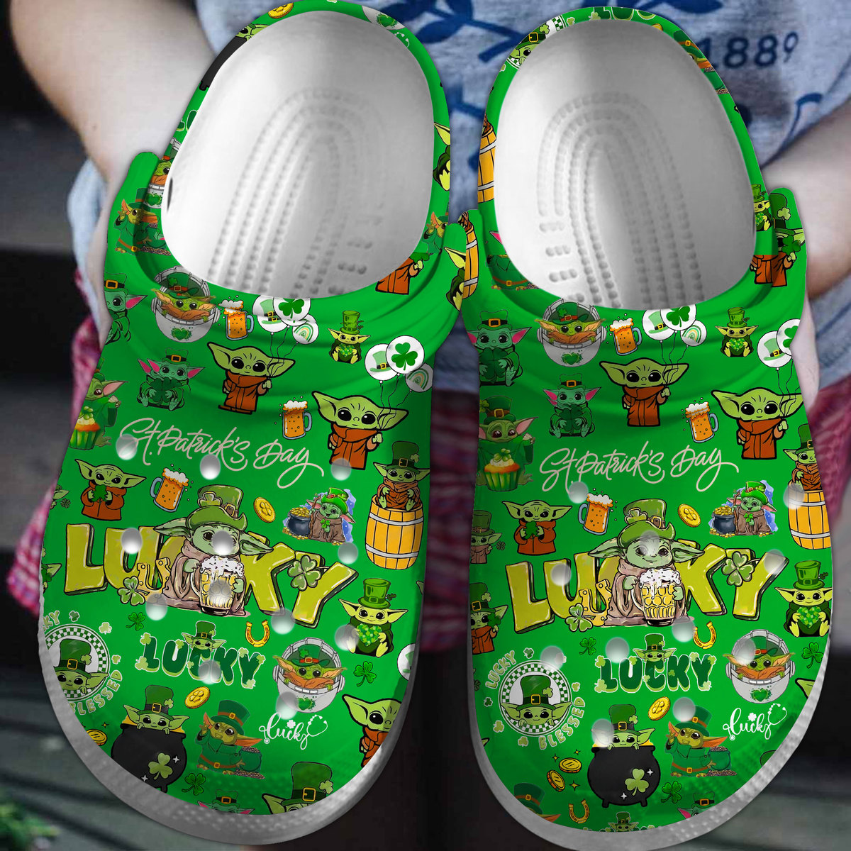 Footwearmerch Lucky Baby Yoda Saint Patrick's Day Crocs Crocband Clogs Shoes Comfortable For Men Women and Kids