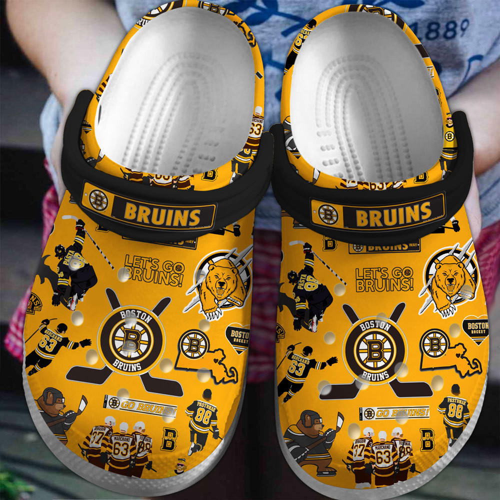 Footwearmerch Boston Bruins Ice hockey team NHL Sport Crocs Clogs Crocband Shoes Comfortable For Men Women and Kids