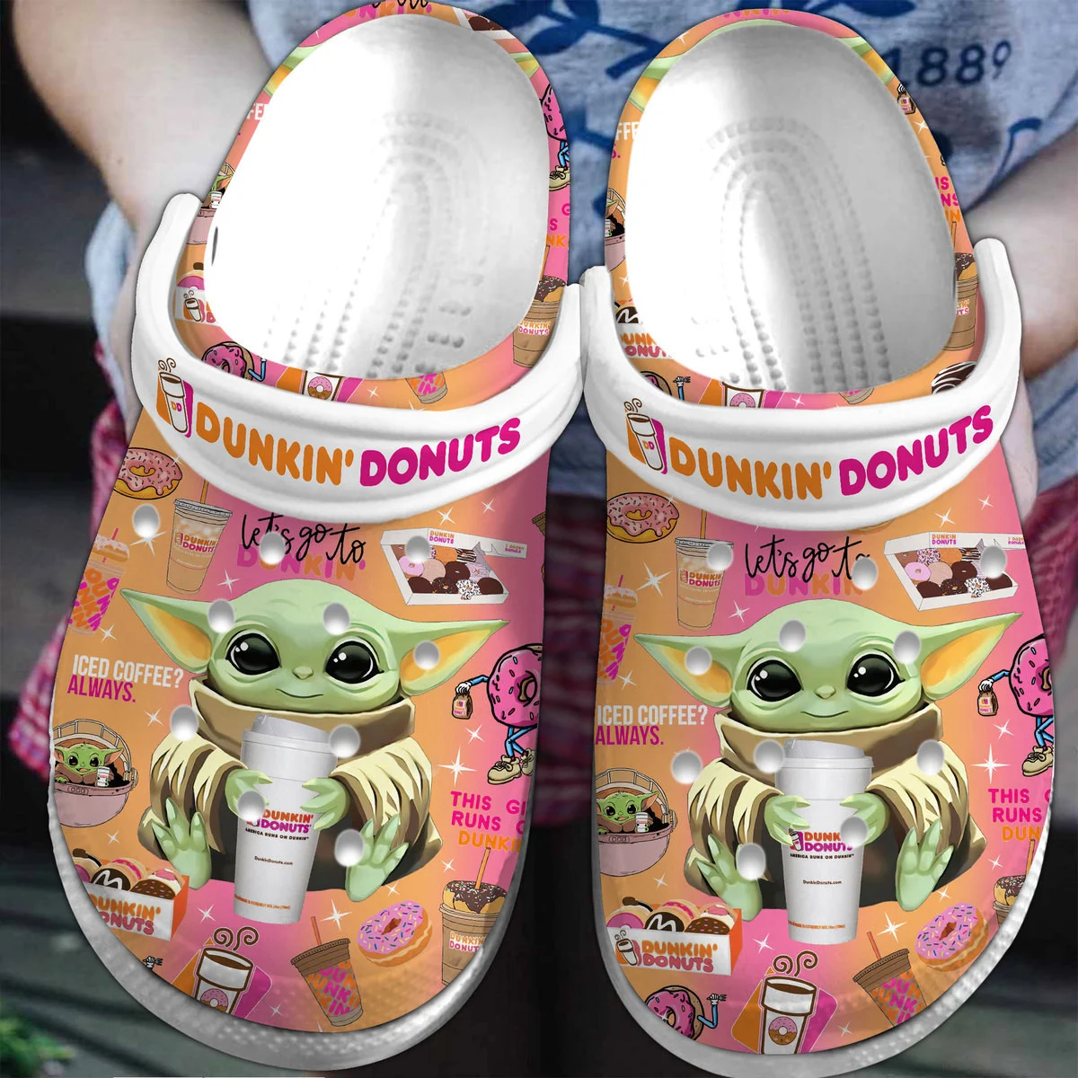 Premium Dunkin' Donuts Baby Yoda Crocs Crocband Clogs Shoes Comfortable For Men Women and Kids