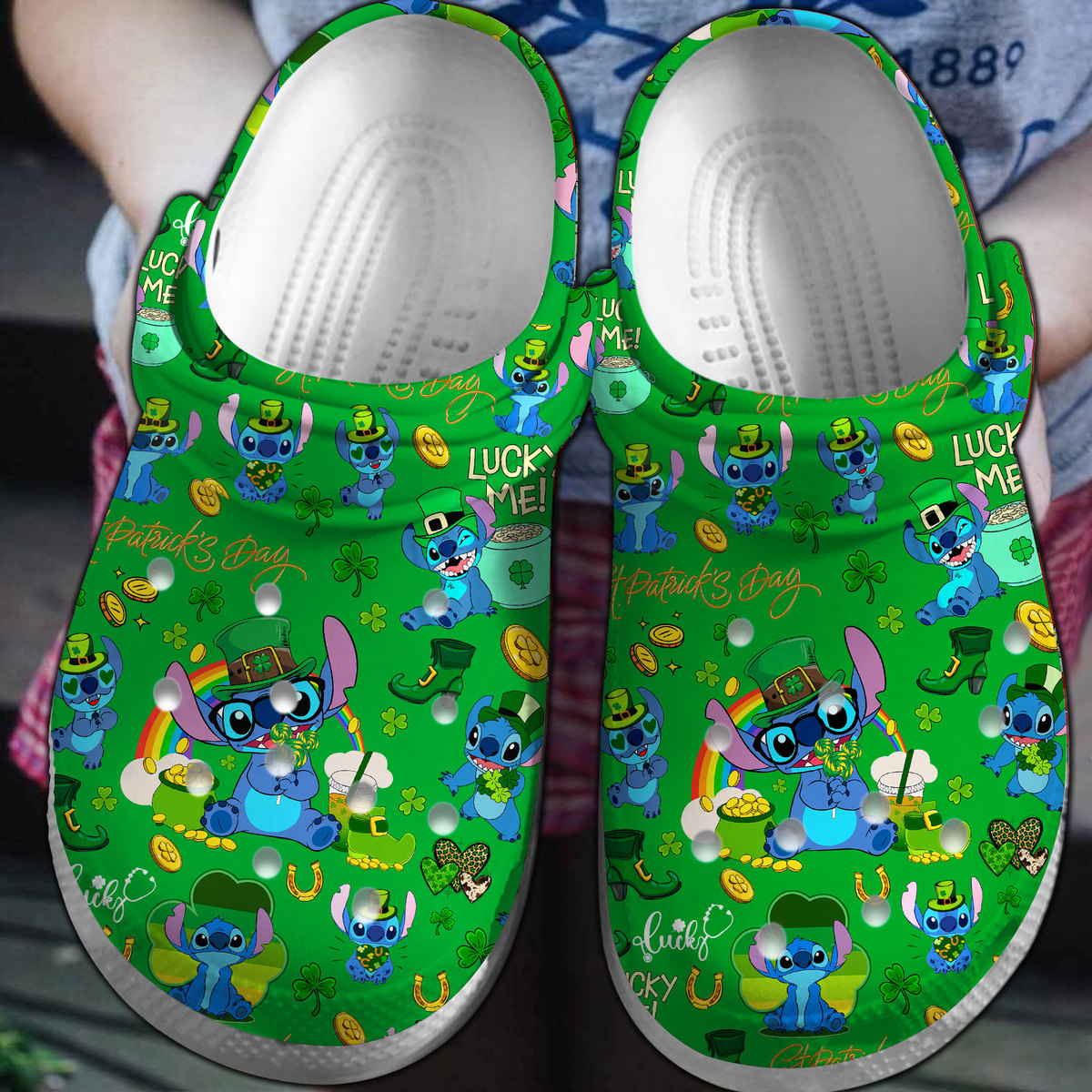 Footwearmerch Stitch Cartoon Saint Patrick's Day Crocs Crocband Clogs Shoes Comfortable For Men Women and Kids